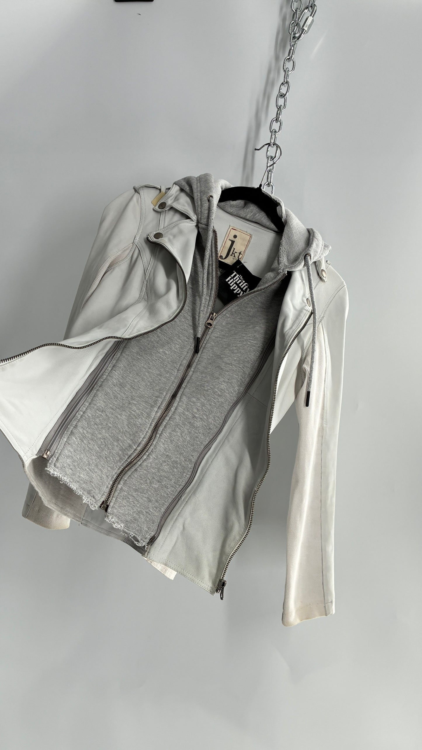 Jakett White Molly Burnished White Genuine Leather Double Layer Moto Jacket with Removable Grey Hoodie Insert (XS)