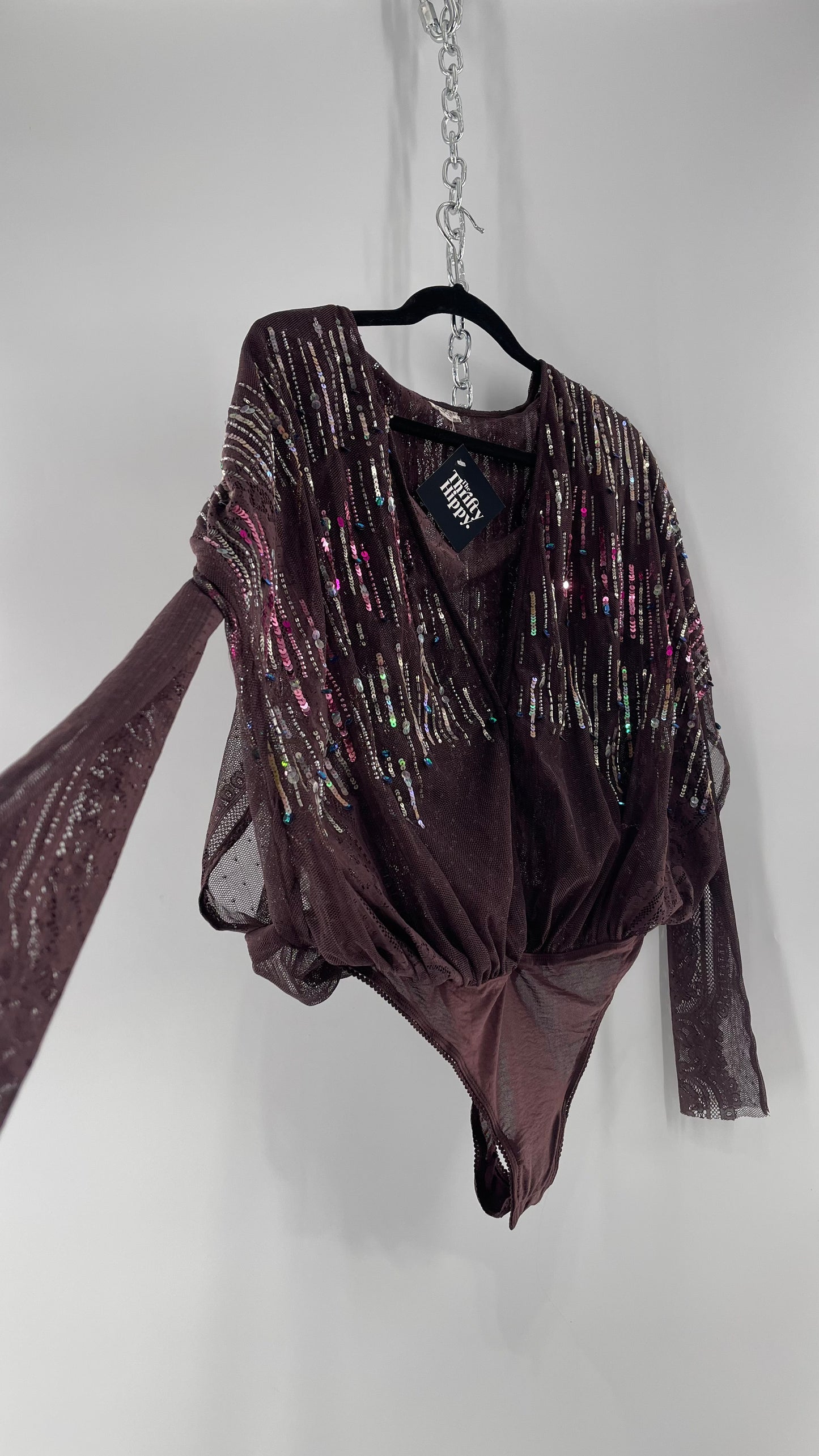 Intimately Free People Plum Mesh Bodysuit with Lace Sleeves and Beaded/Sequined/Embellished Body (Medium)