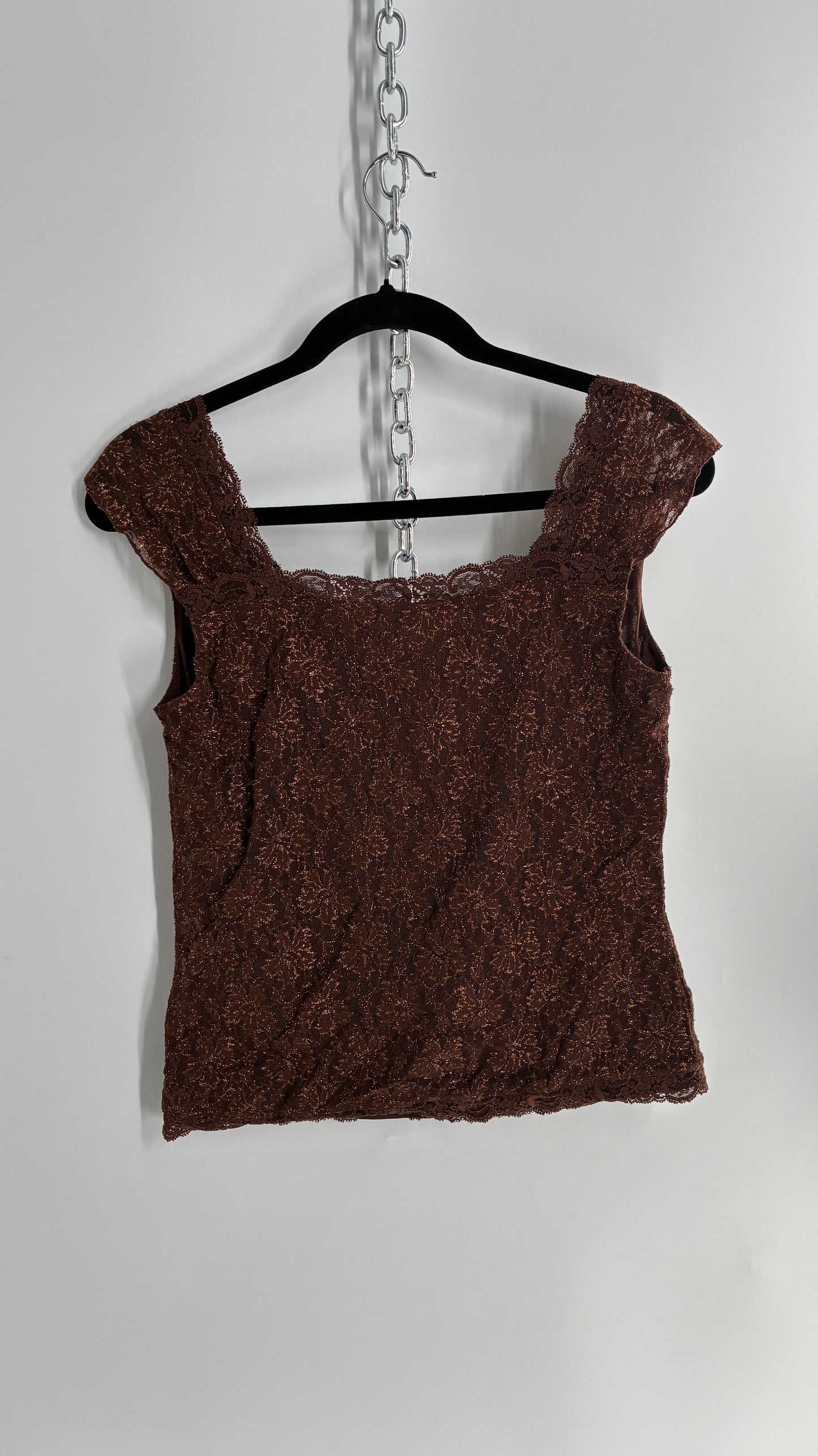 Vintage 1990s Brown Gold Tinsel Lace Straight Neckline Top (M)