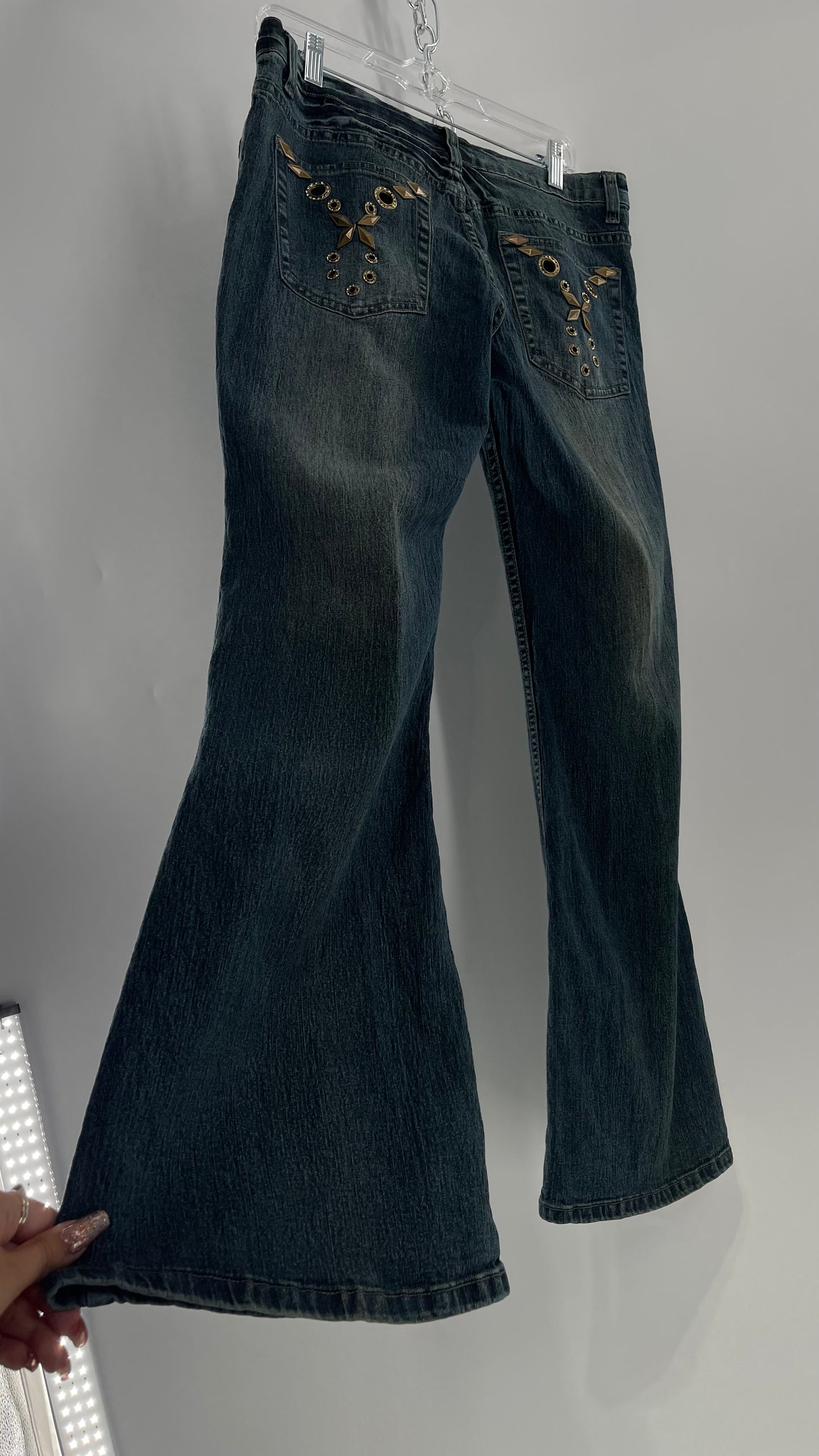 Vintage Blue Pointe Kickflare Medium Wash Jeans with Gold Rhinestone Metal Jewels (13)