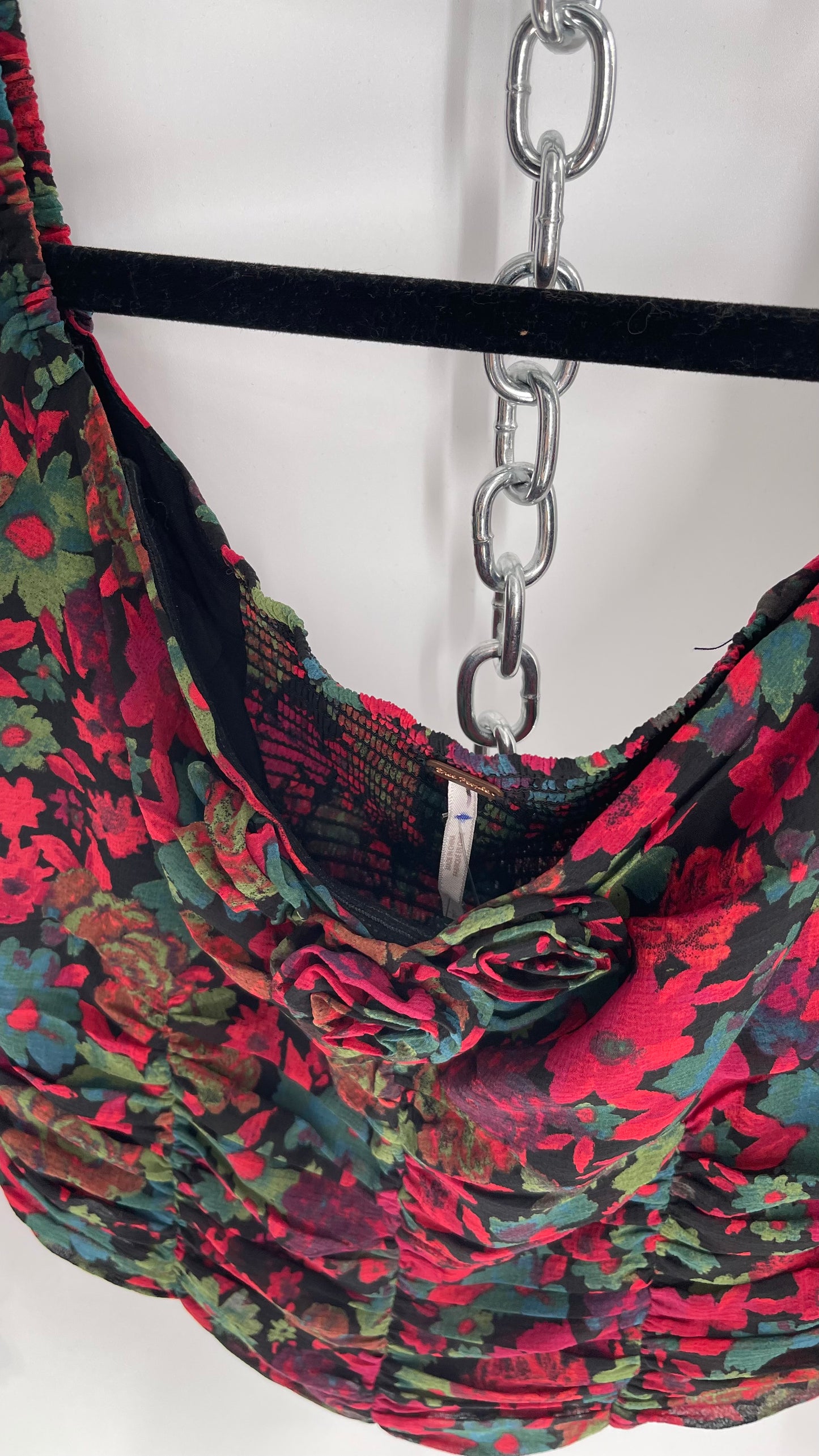 Free People Cropped Floral Blouse with Ruched Body, Balloon Sleeves and Appliqué Rosette Bustline with Tags Attached (Small)