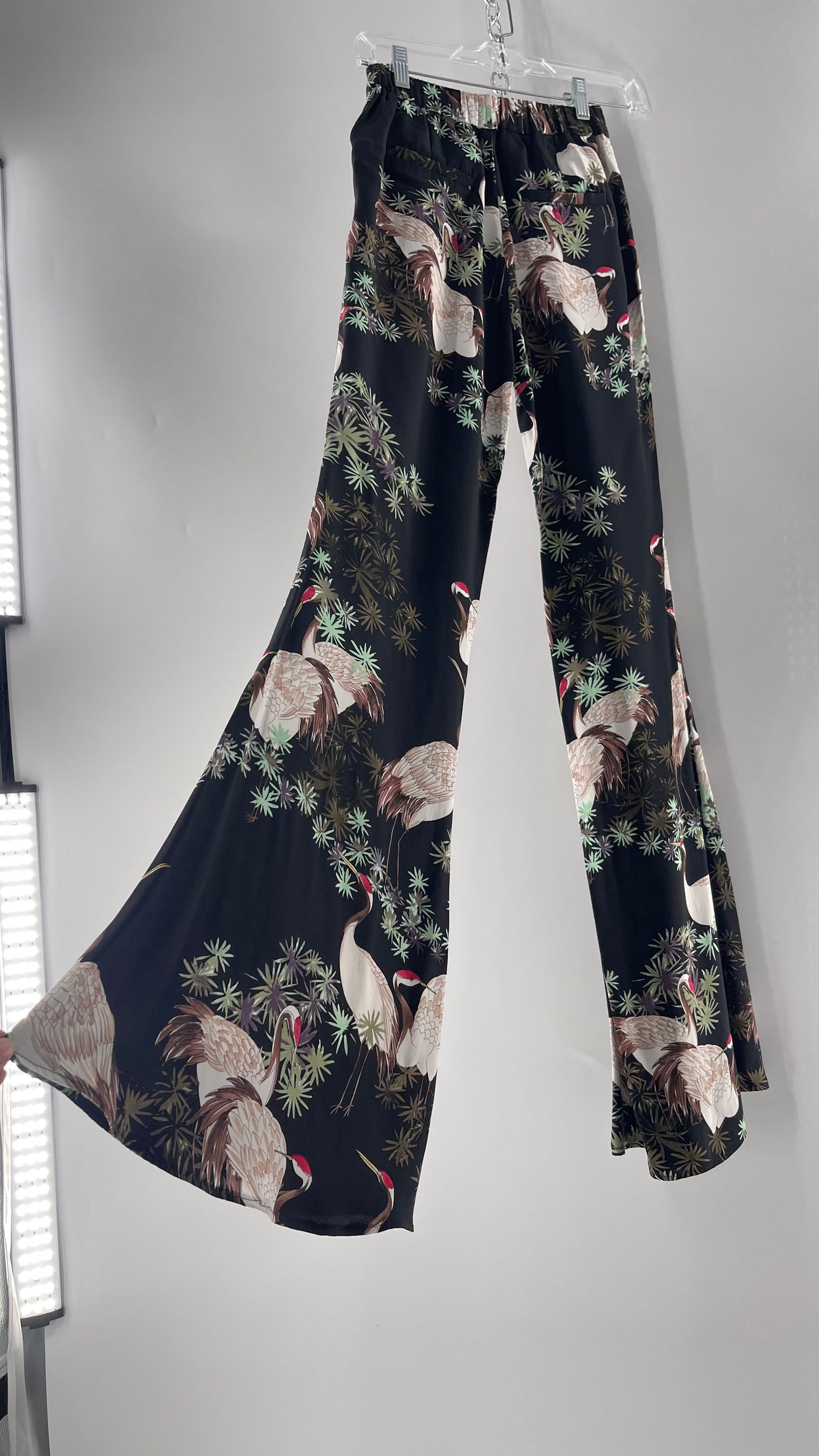 Zara Black Crane Printed Graphic Pocketed Flare Trousers (XS)