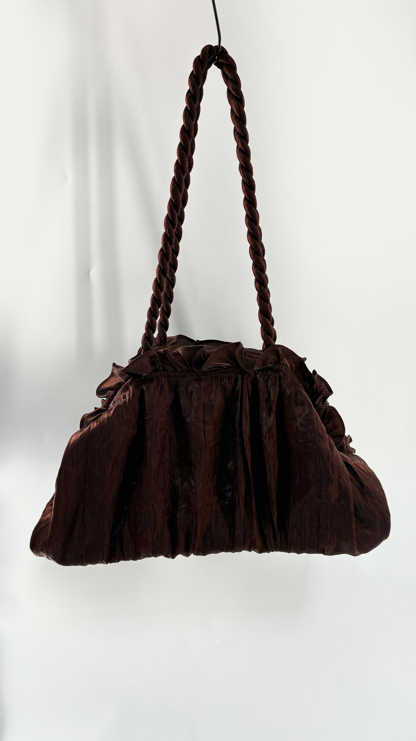 Vintage Oversized Brown Slouchy Purse with Embroidered Rosettes and Braided Strap