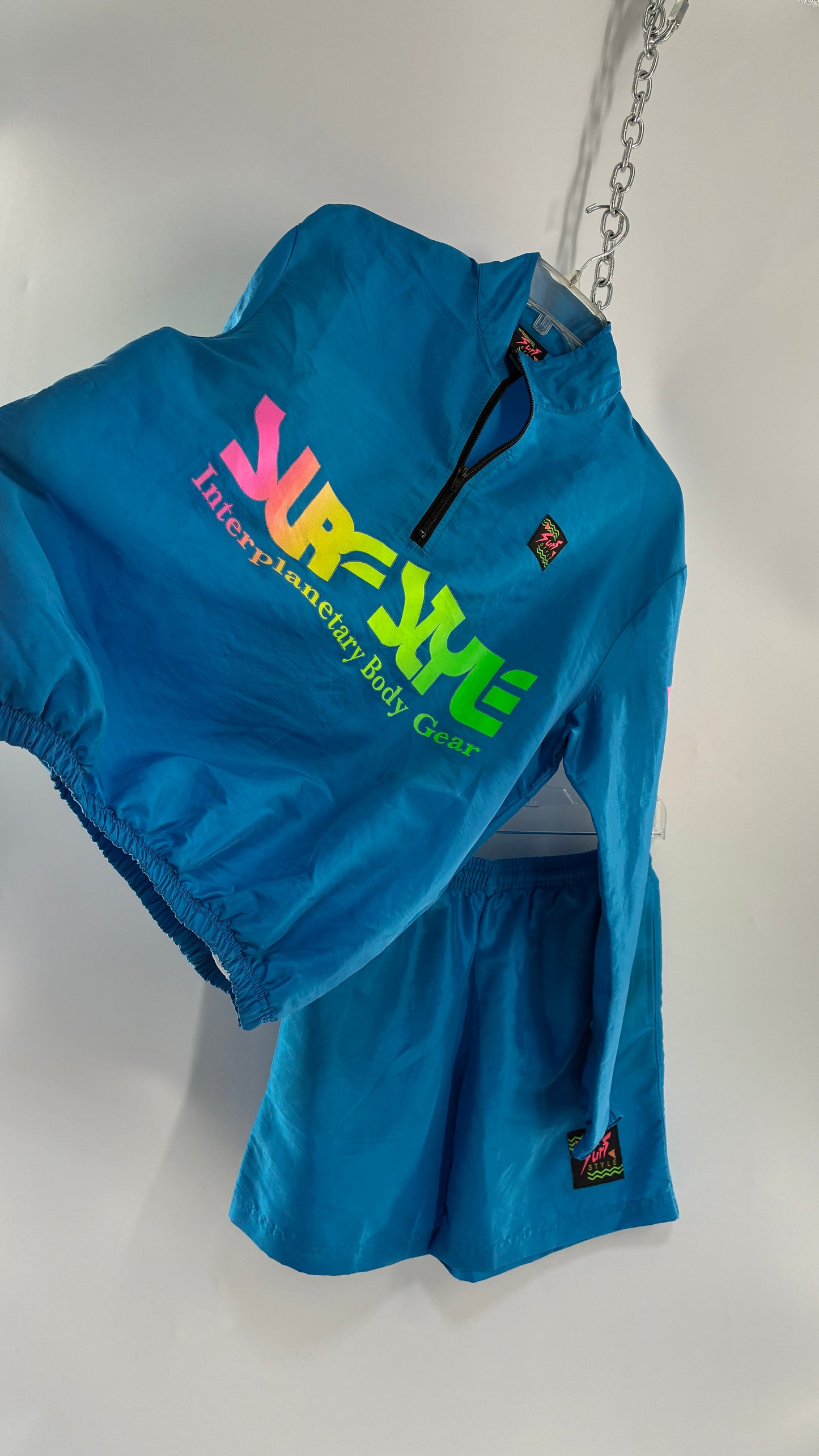 Vintage 1980s SURF STYLE Unisex Blue Track Workout Set with Windbreaker and Shorts, Neon Graphics (Small)
