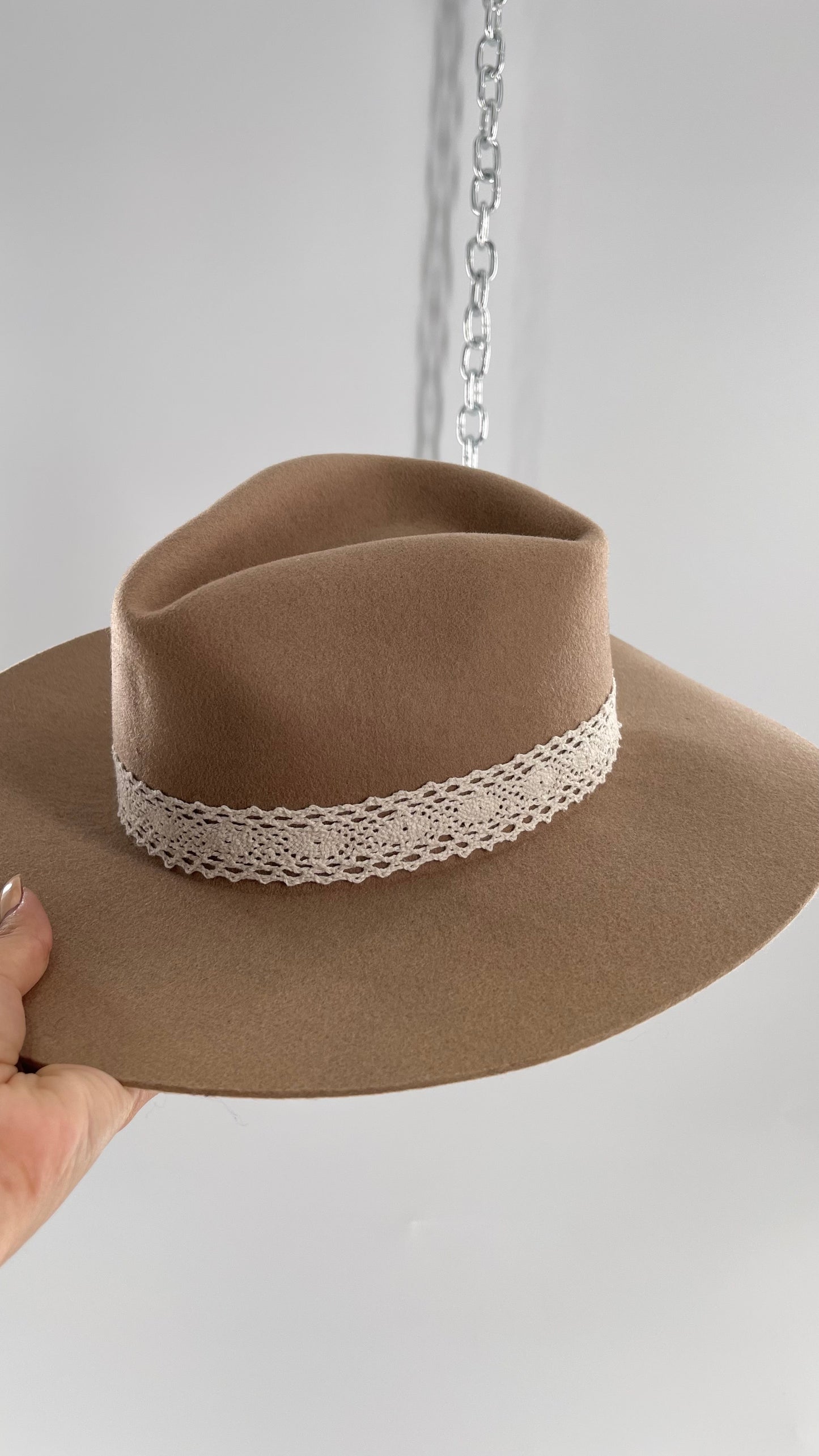 Free People WYETH Tan 100% Wool Lace Belted Wide Brim Sun Hat