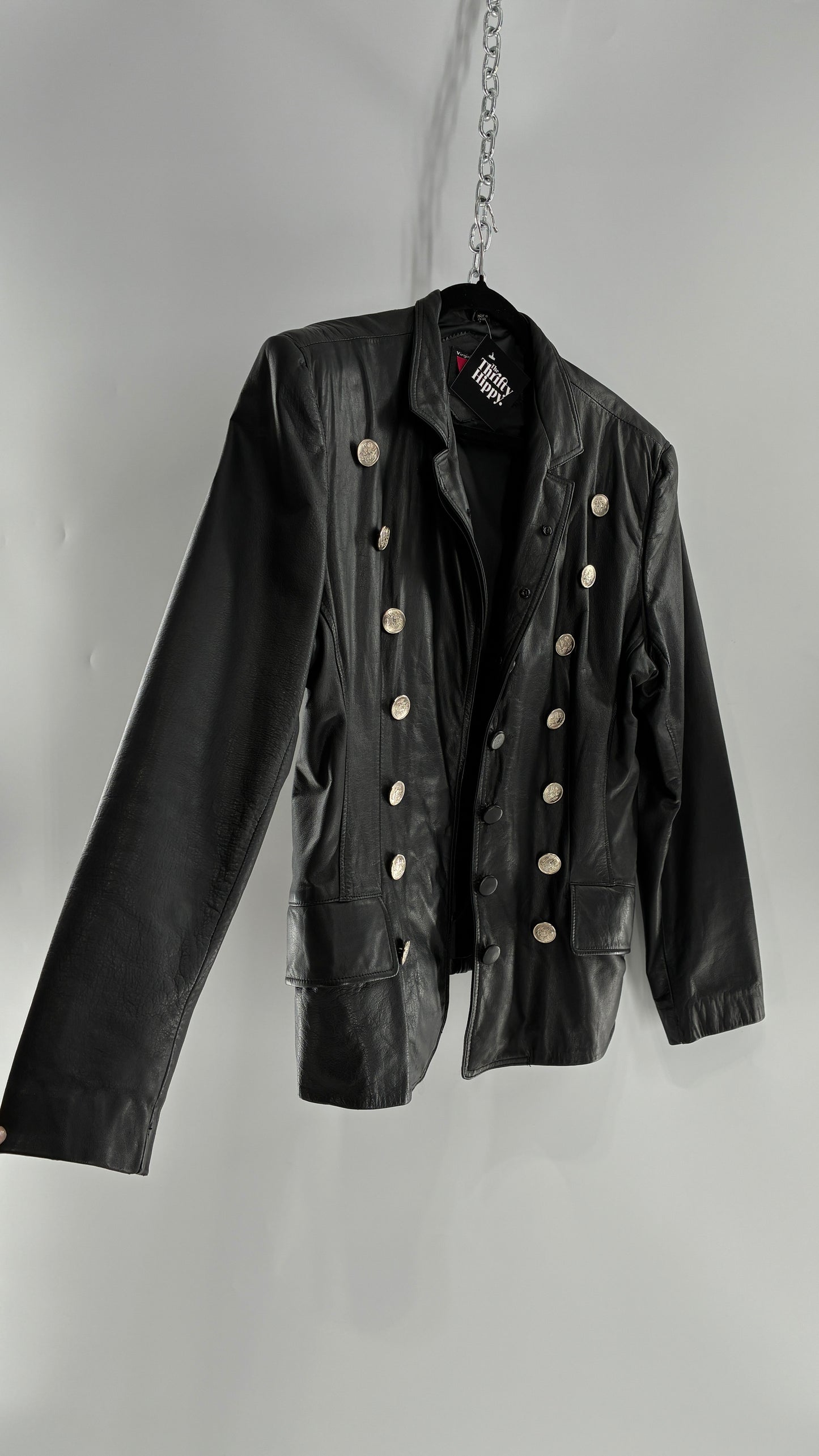 Vintage Virginia Slims Black Genuine Leather Military Jacket with Double Breasted Embossed Buttons (Large)