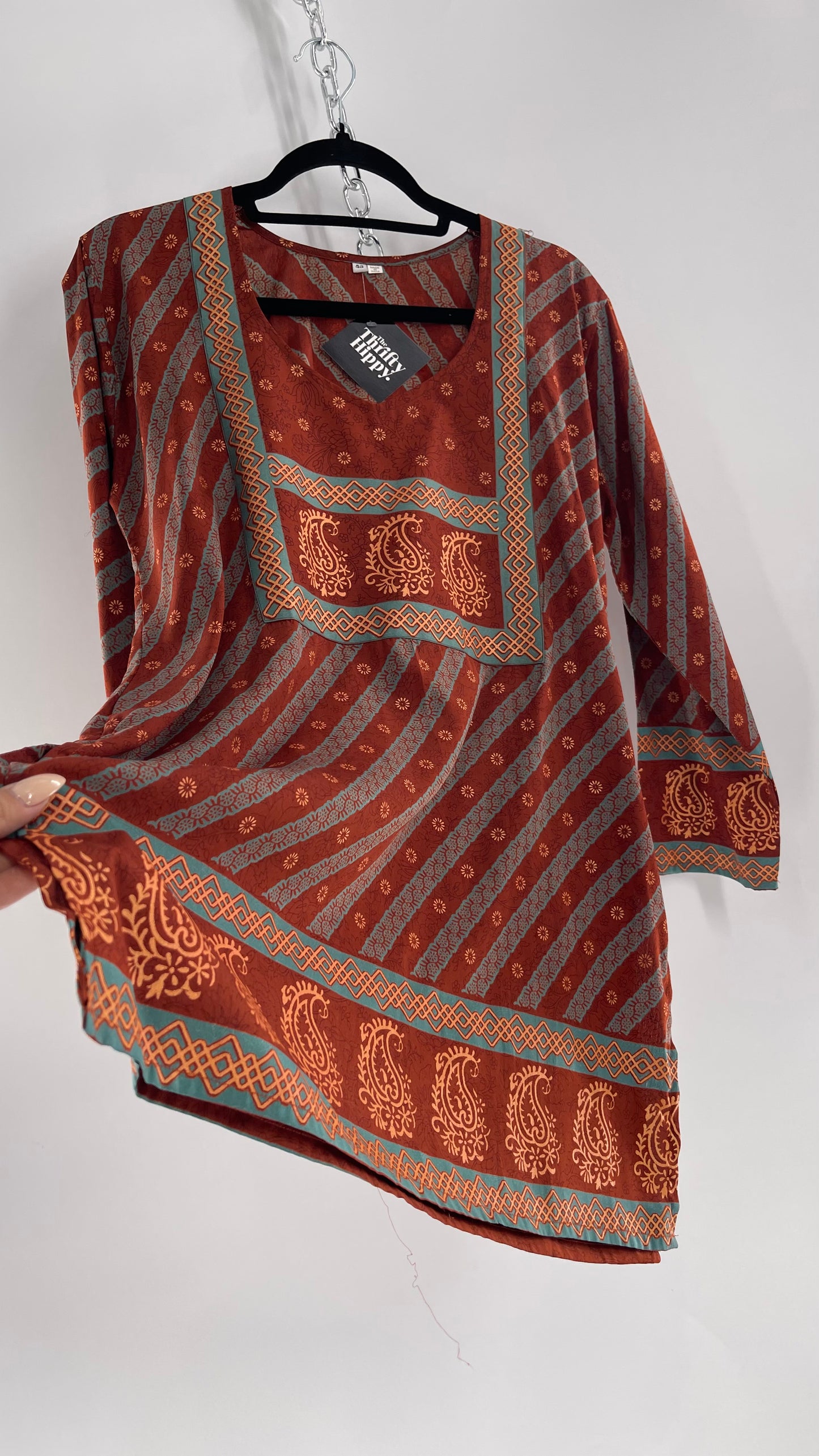 Vintage 1970s Indian 100% Silk Tunic Burnt Orange, Teal and Gold (40)
