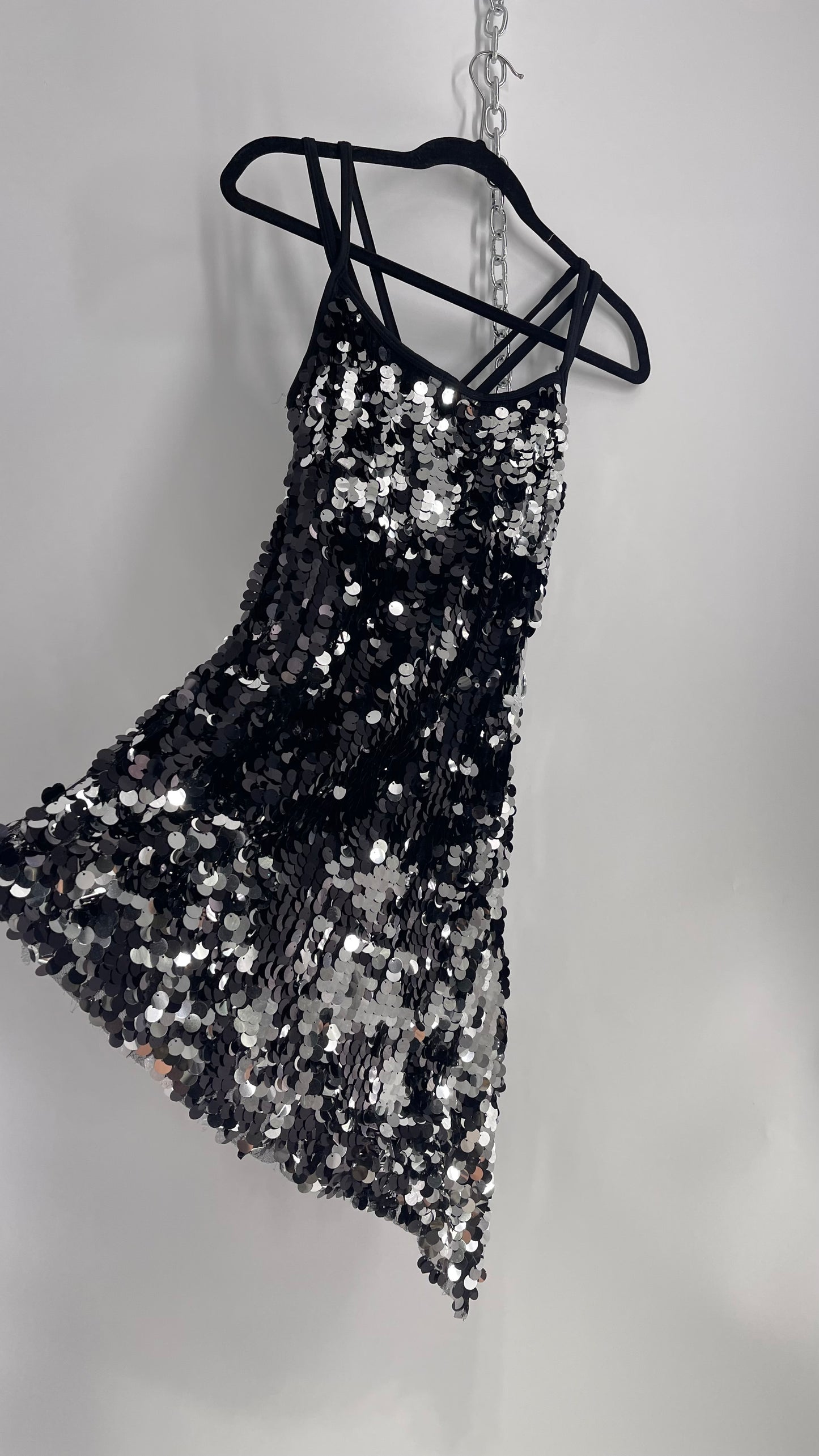 Vintage Revolution Dancewear Black/Silver Sequin Tank with Asymmetric Hem and Built in Shorts (Medium)