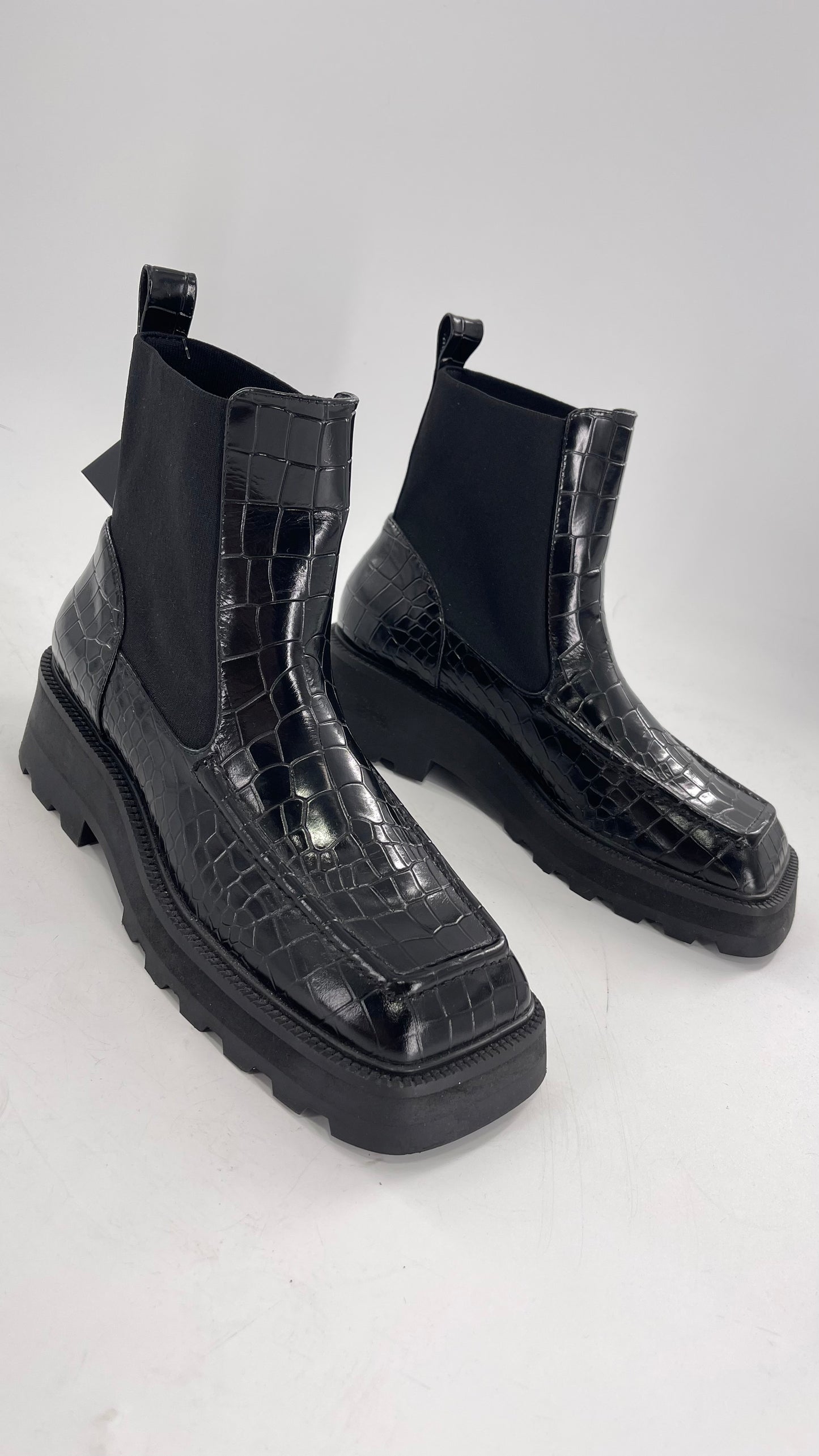 INTENTIONALLY Black Patent Crocodile Embossed Extreme Square Toe Boots (10)