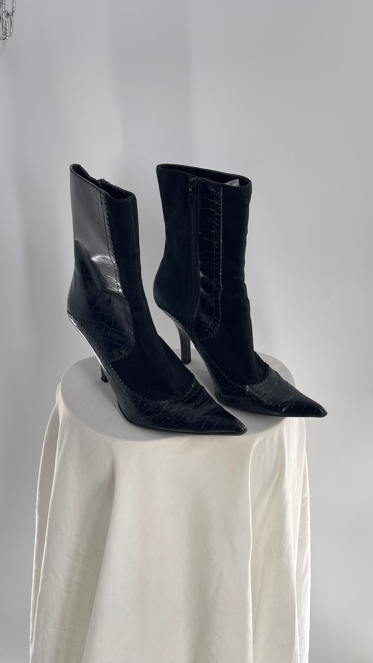 NINE WEST Black Leather Pointed Kitten Heel Boot with Scalloped Embossed Panels (8)