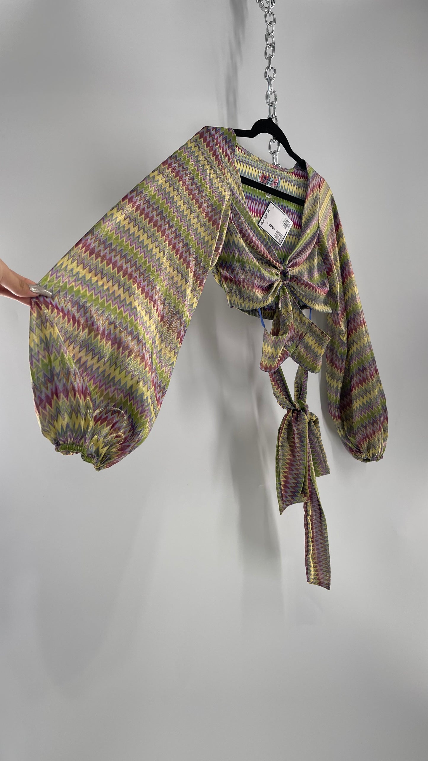 Urban Outfitters Shimmer Top Balloon Sleeve Green Purple Retro Print Cut Out Tie Around Blouse (XS)