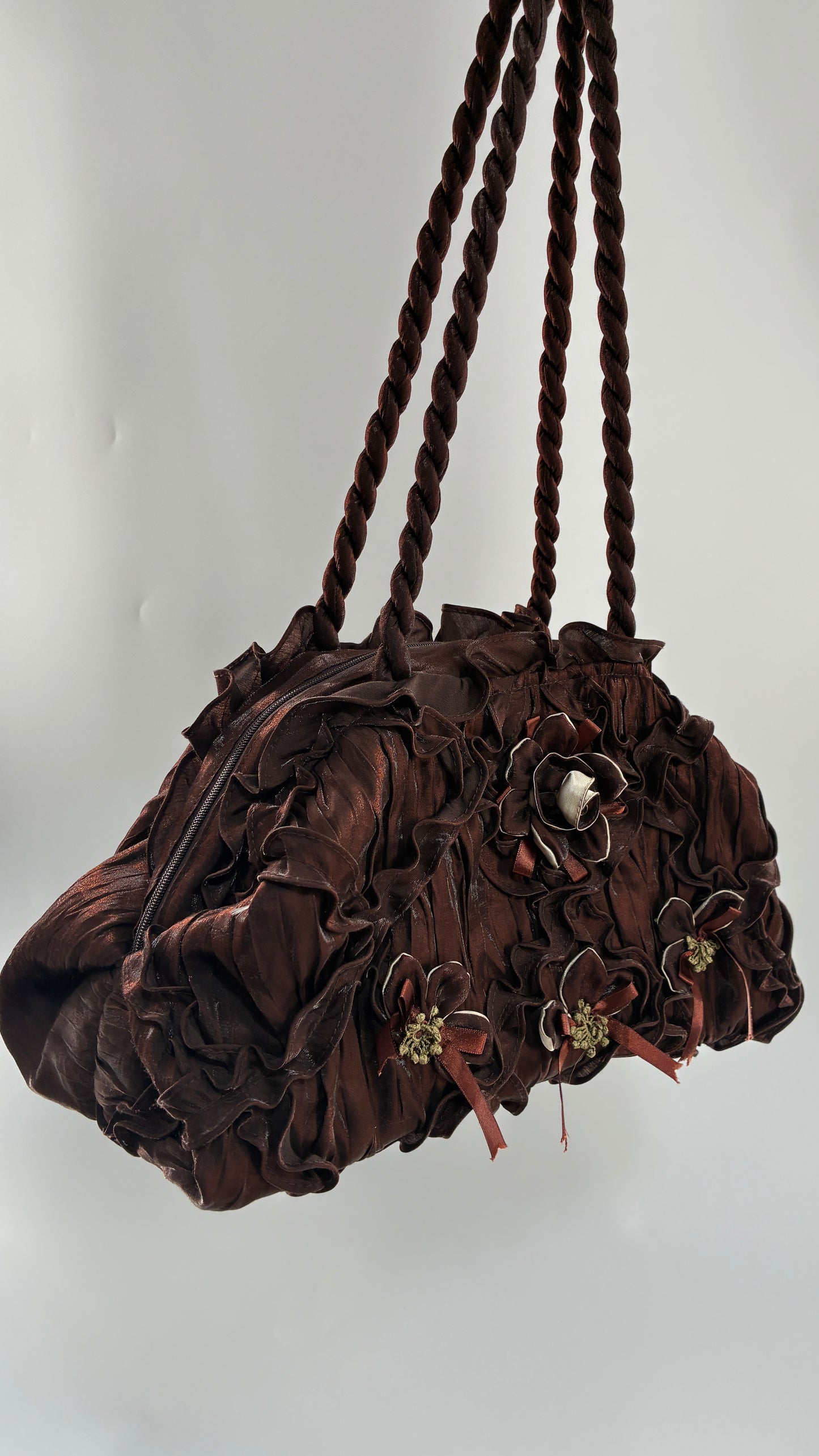 Vintage Oversized Brown Slouchy Purse with Embroidered Rosettes and Braided Strap