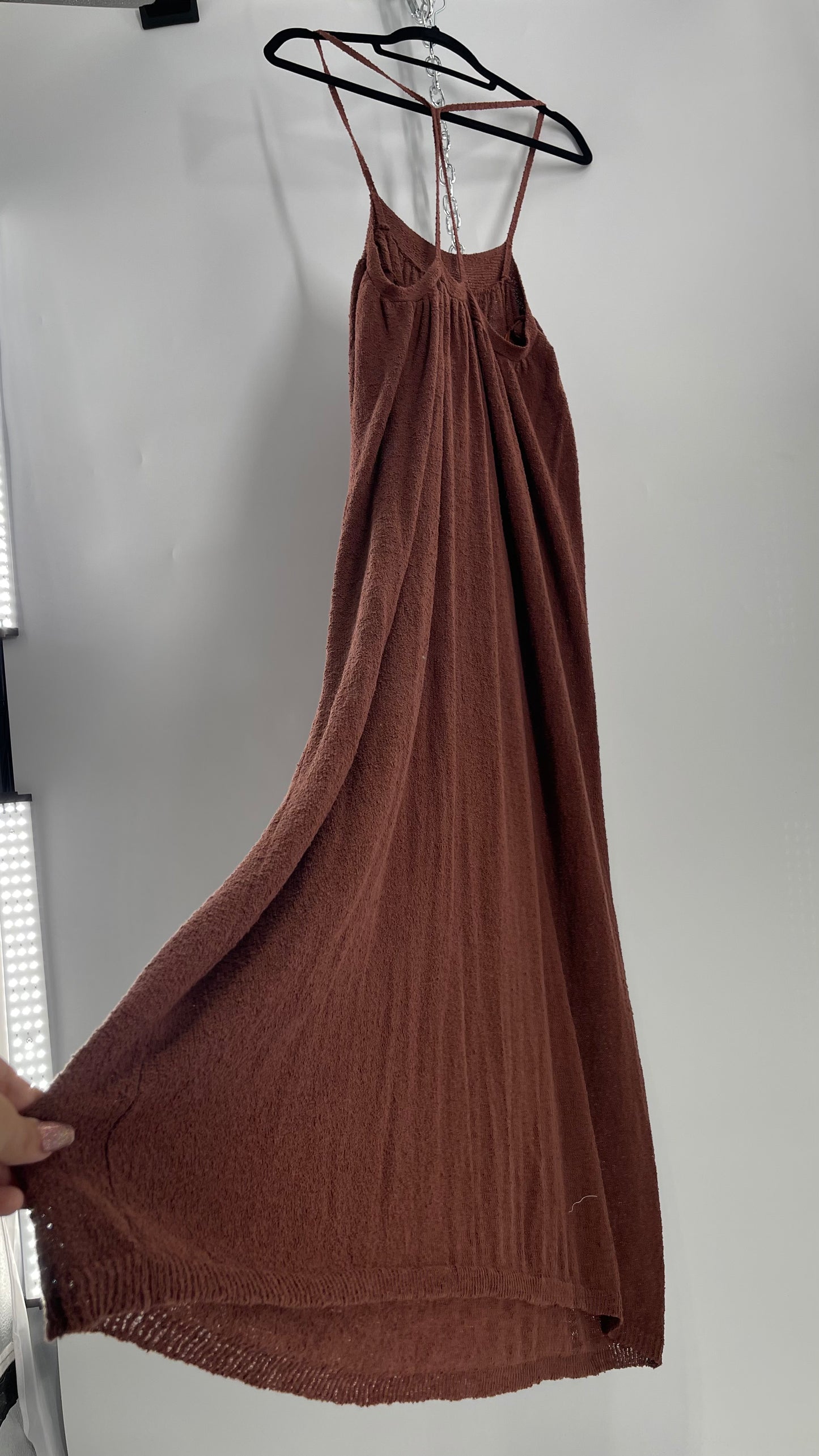 Free People Slinky Textured Brown Knit Full Length Dress (Small)