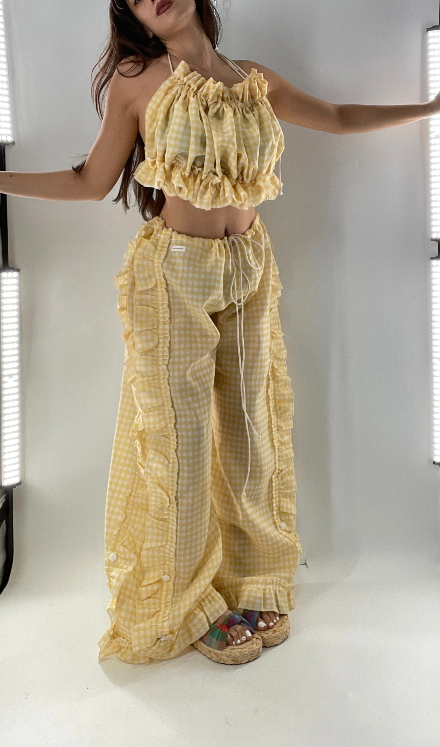 Vintage 2 Piece Yellow Checkered/Gingham Patterned Picnic Set with Ruched Bust Top and Ruffle Side Wide Legs with Adjustable Length, Strap Up Buttons on Hem (One Size)
