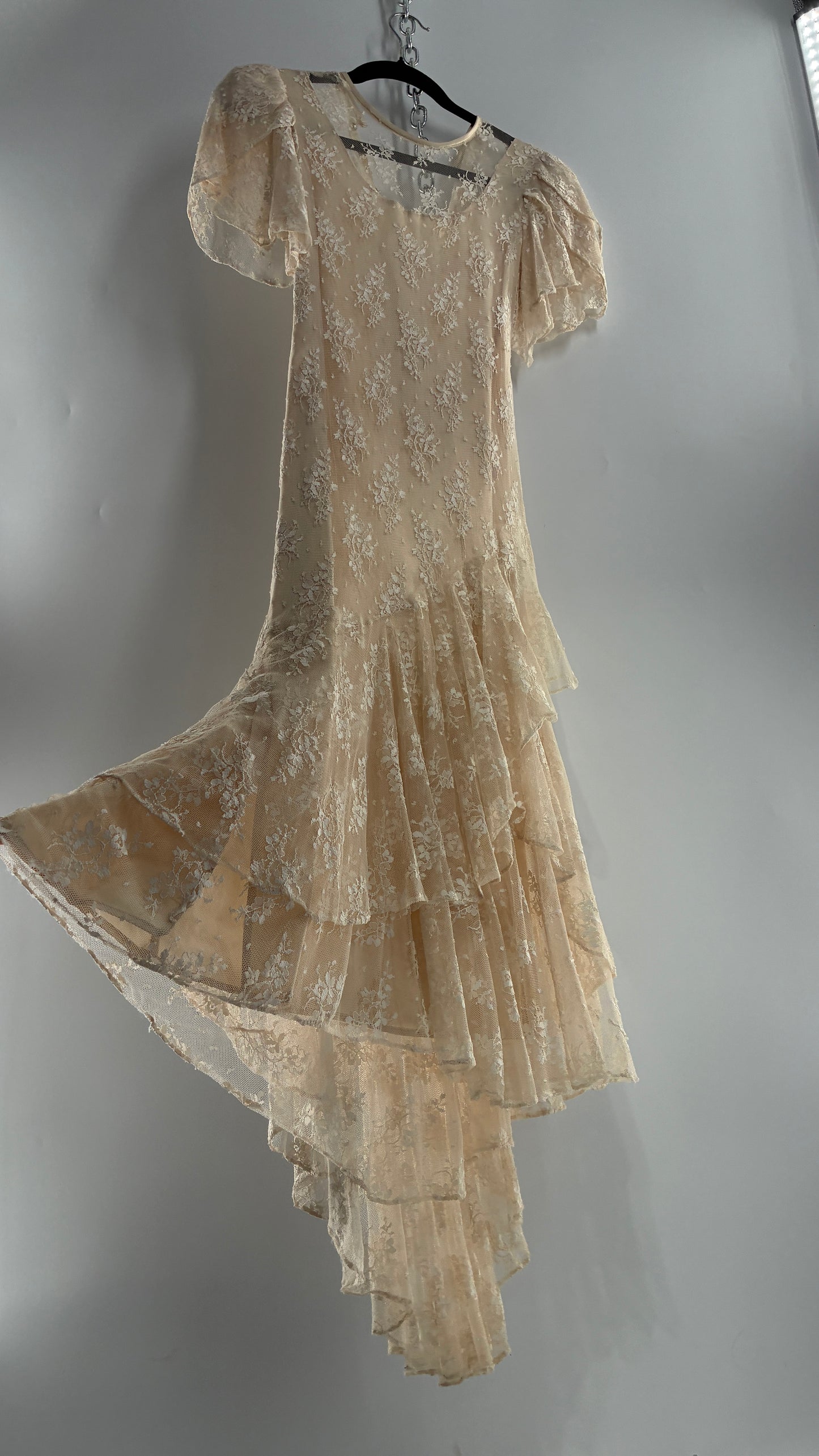 Vintage Ivory Lace Gown with Petal Sleeves, Tiered Hemline (5/6)