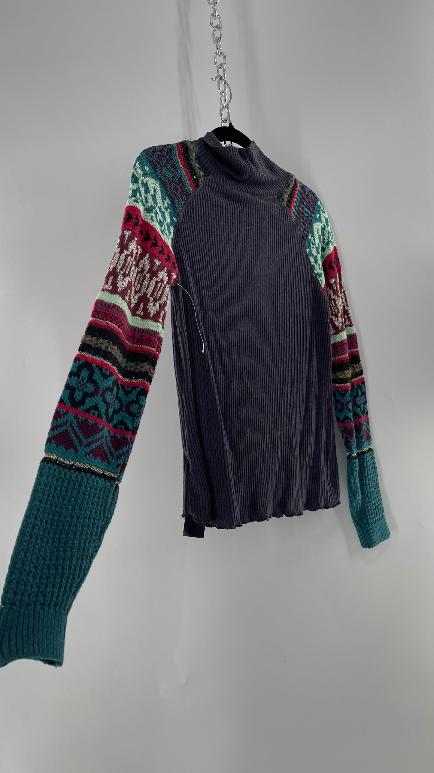 Free People Grey Cozy Knit with Colorful Patterned Knit Sleeves (Small)