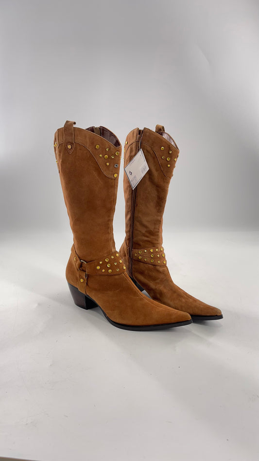 Vintage STEVEN Tan Suede Pointed Cowboy Boots with Yellow Crystal Embellishments (9.5)