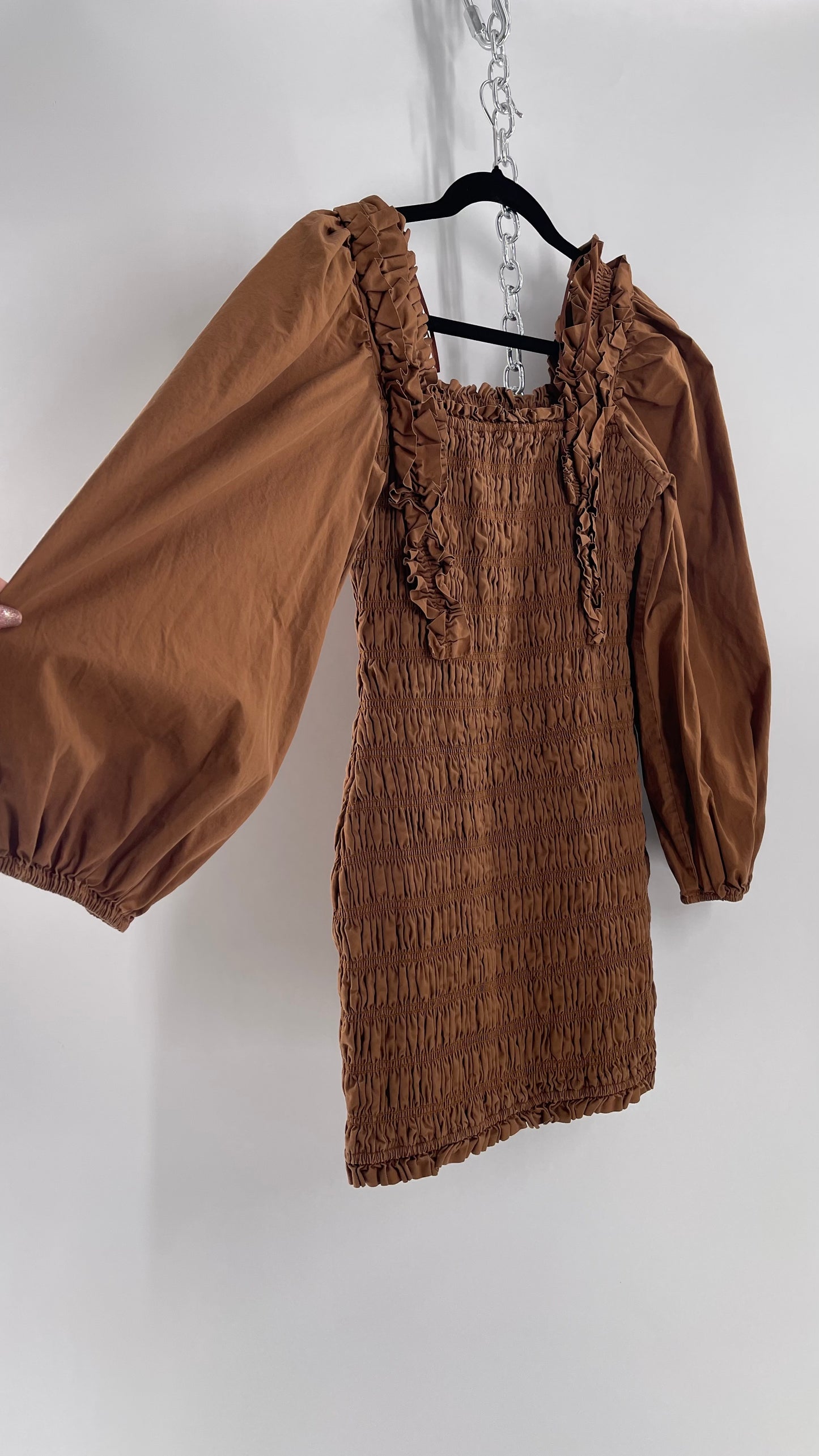 Endless Rose Anthropologie Brown Smocked Ruffle Front Puff Sleeve Mini Dress (Medium)