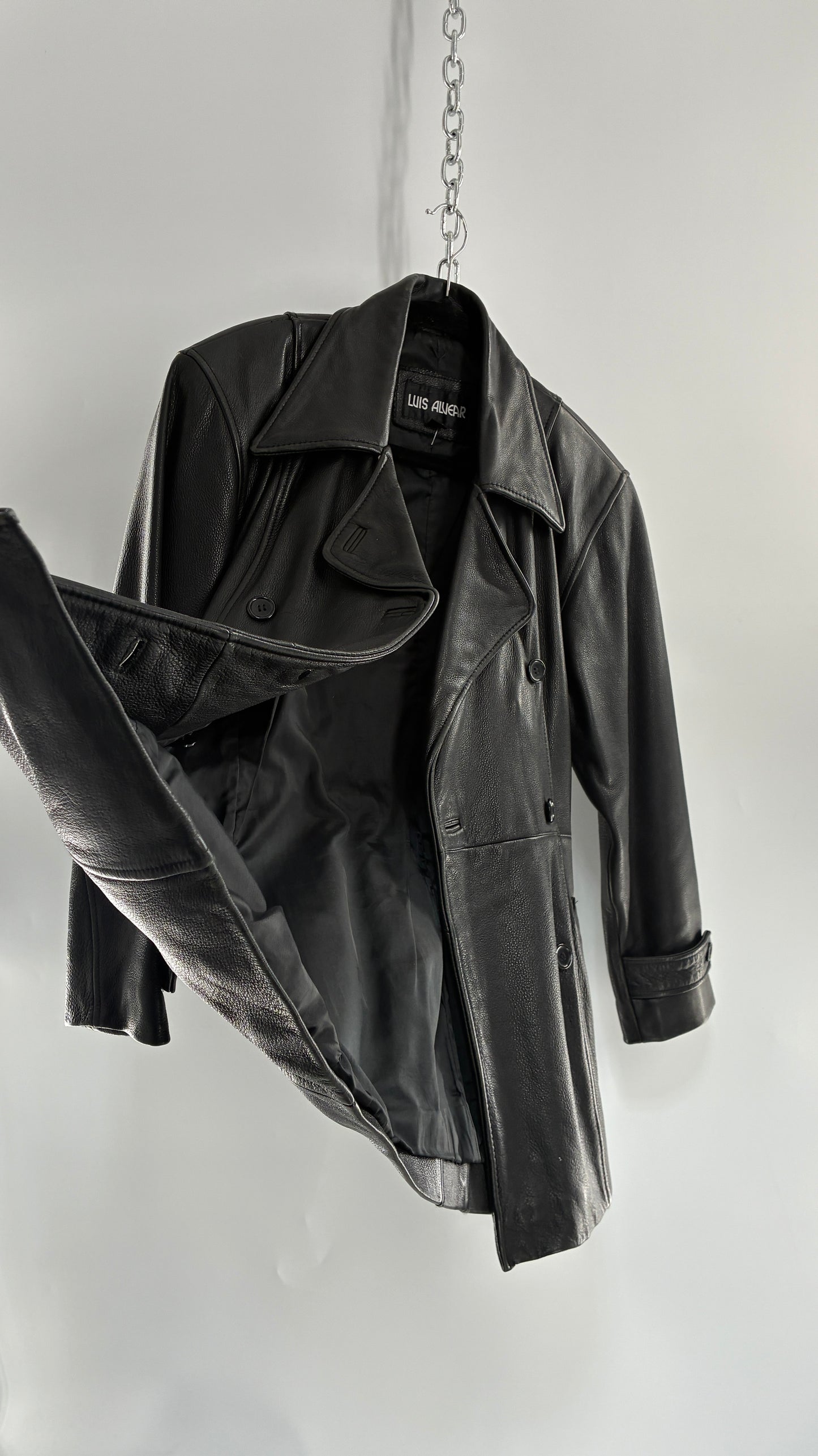 Vintage LUIS ALVEAR Thick Genuine Leather Black Trench Style Jacket (XS)
