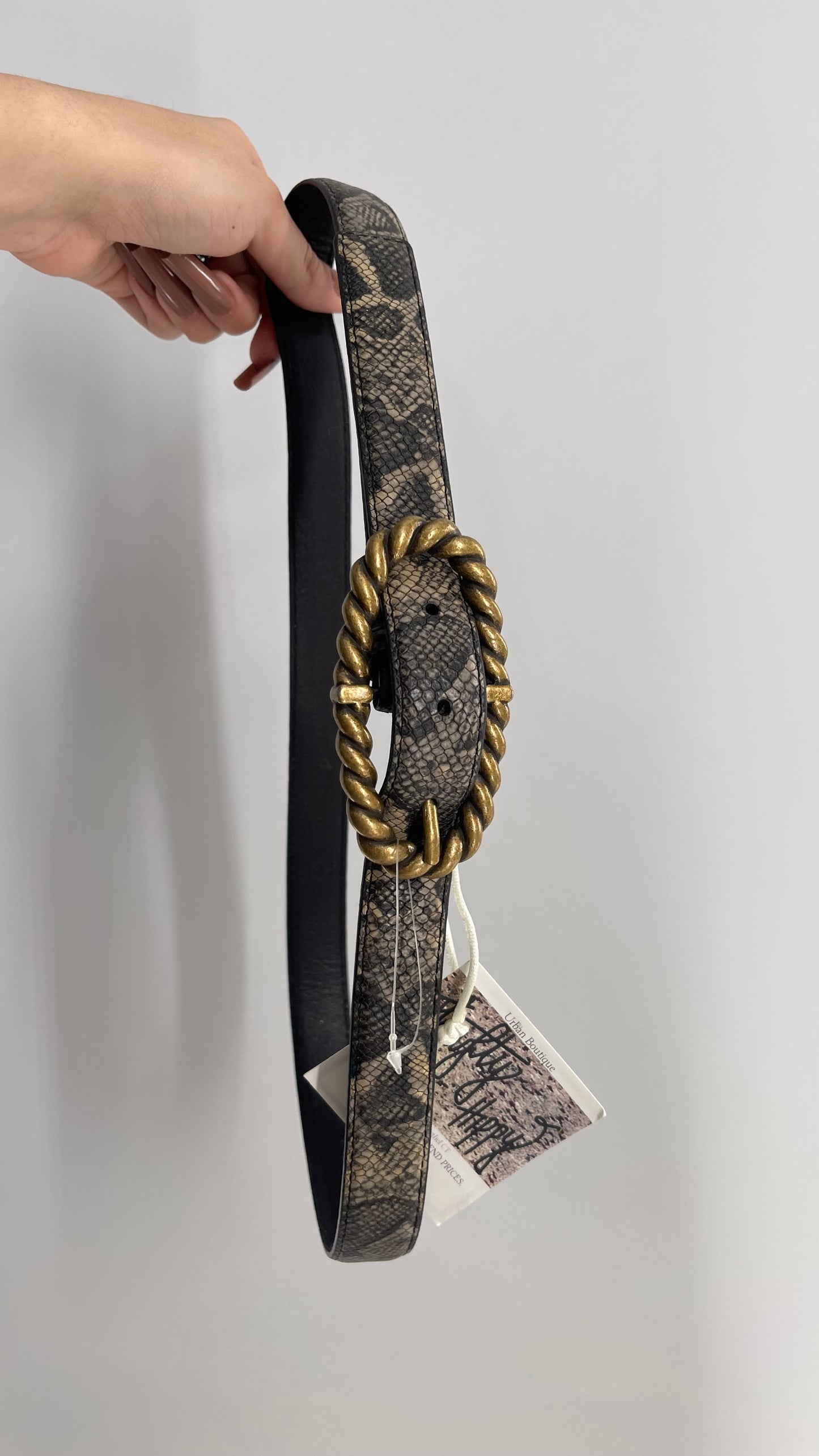 Free People Snake Patterned Belt with Gold Braided Oval Buckle (S/M)