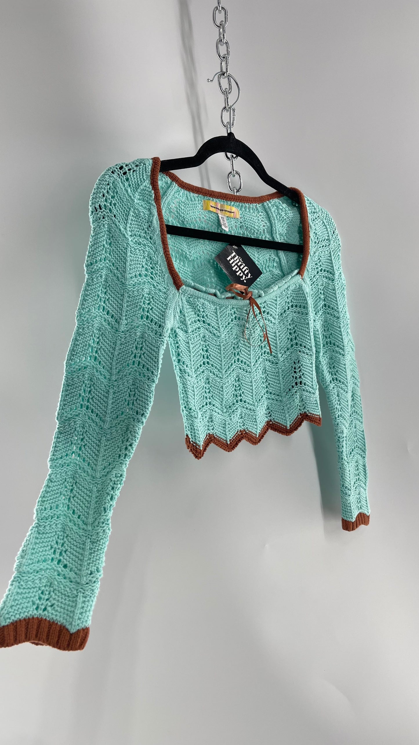 Urban Outfitters Baby Blue Cropped Knit Top with Brown Piping and Ribbon Neckline (XS)