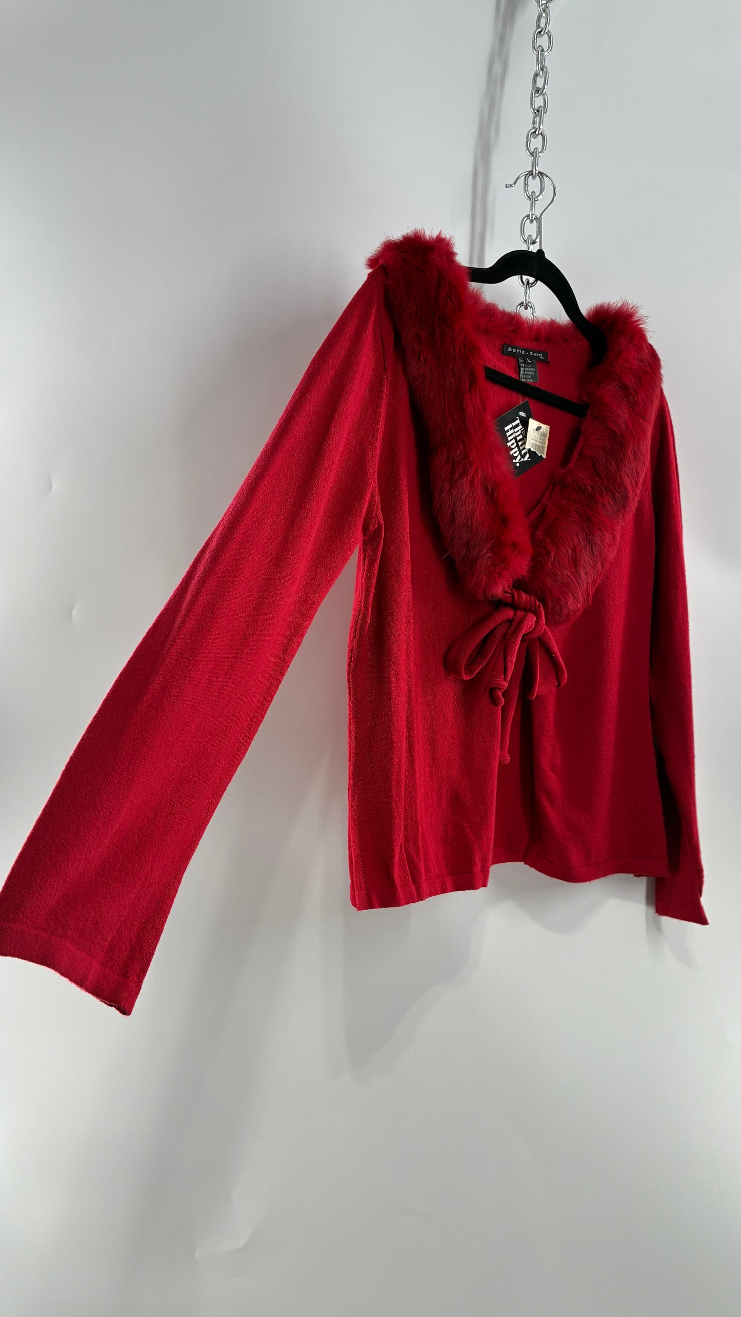 Deadstock Vintage BETTE SUNG Red Tie Bust Cardigan with Genuine Rabbit Fur Collar (Large)