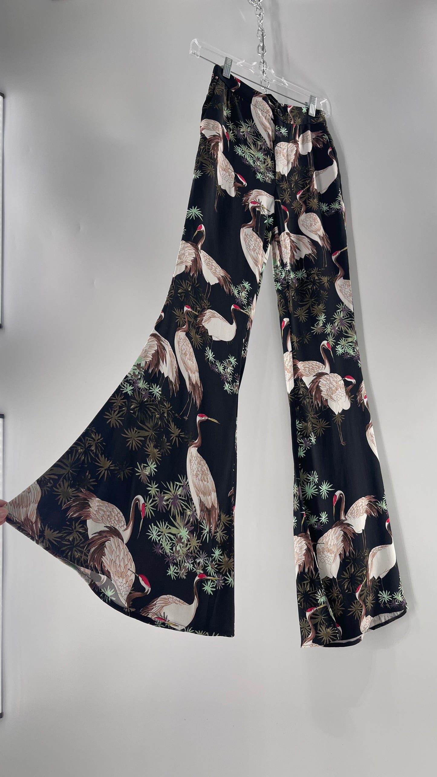 Zara Black Crane Printed Graphic Pocketed Flare Trousers (XS)
