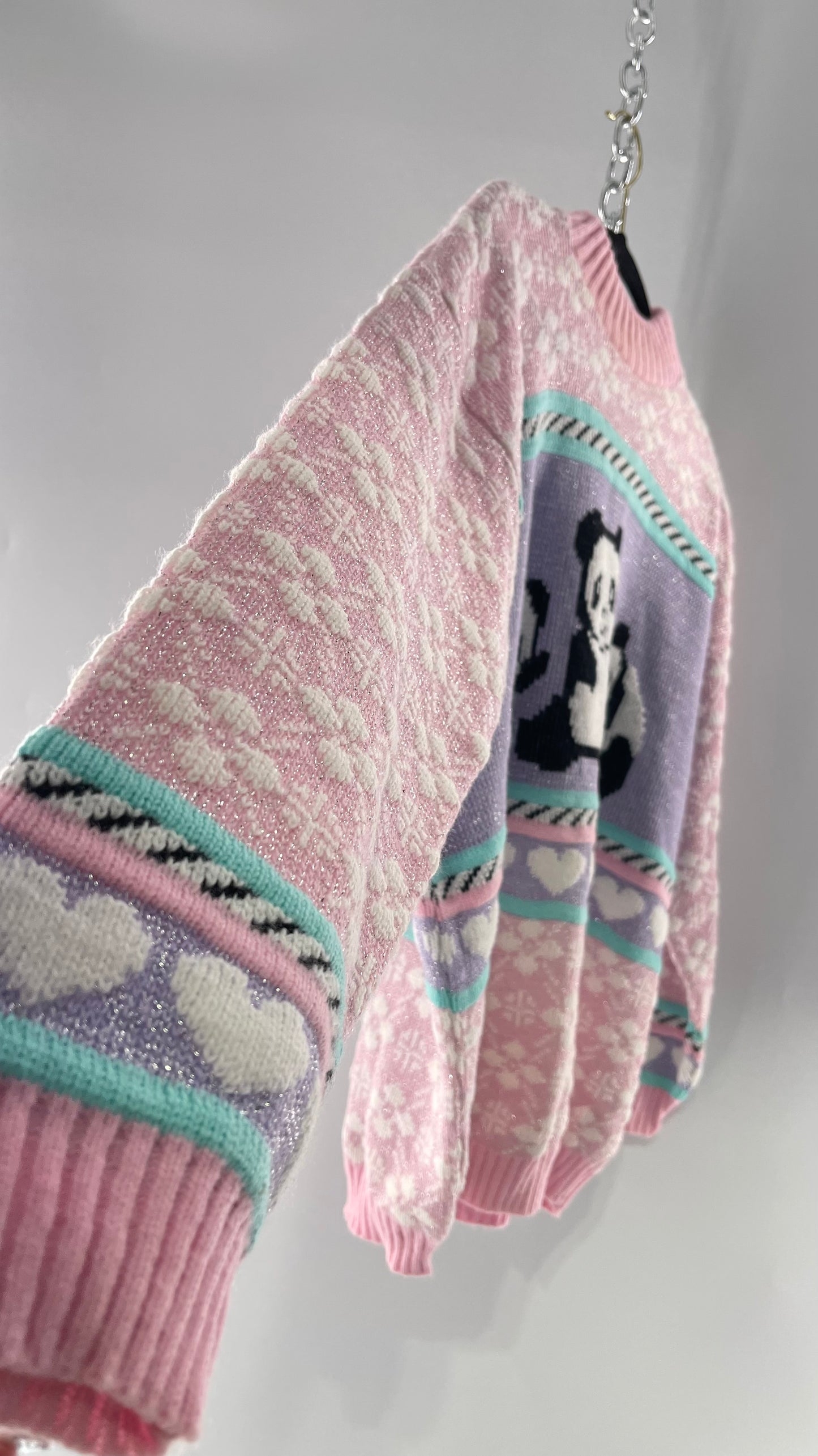 RARE 80s Vintage Adele Pastel Pink, Purple, Mint Silver Tinsel Sweater with Anime/Manga Art Style Pandas (Medium)