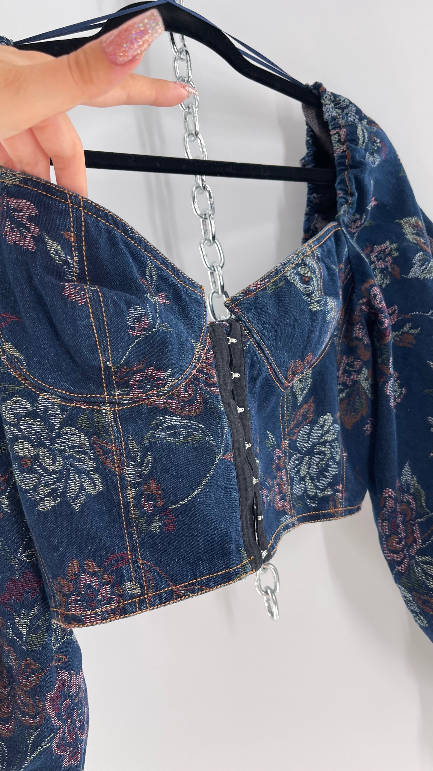 Urban Outfitters Denim Cropped Corset Grommet Balloon Sleeve Blouse (Large)
