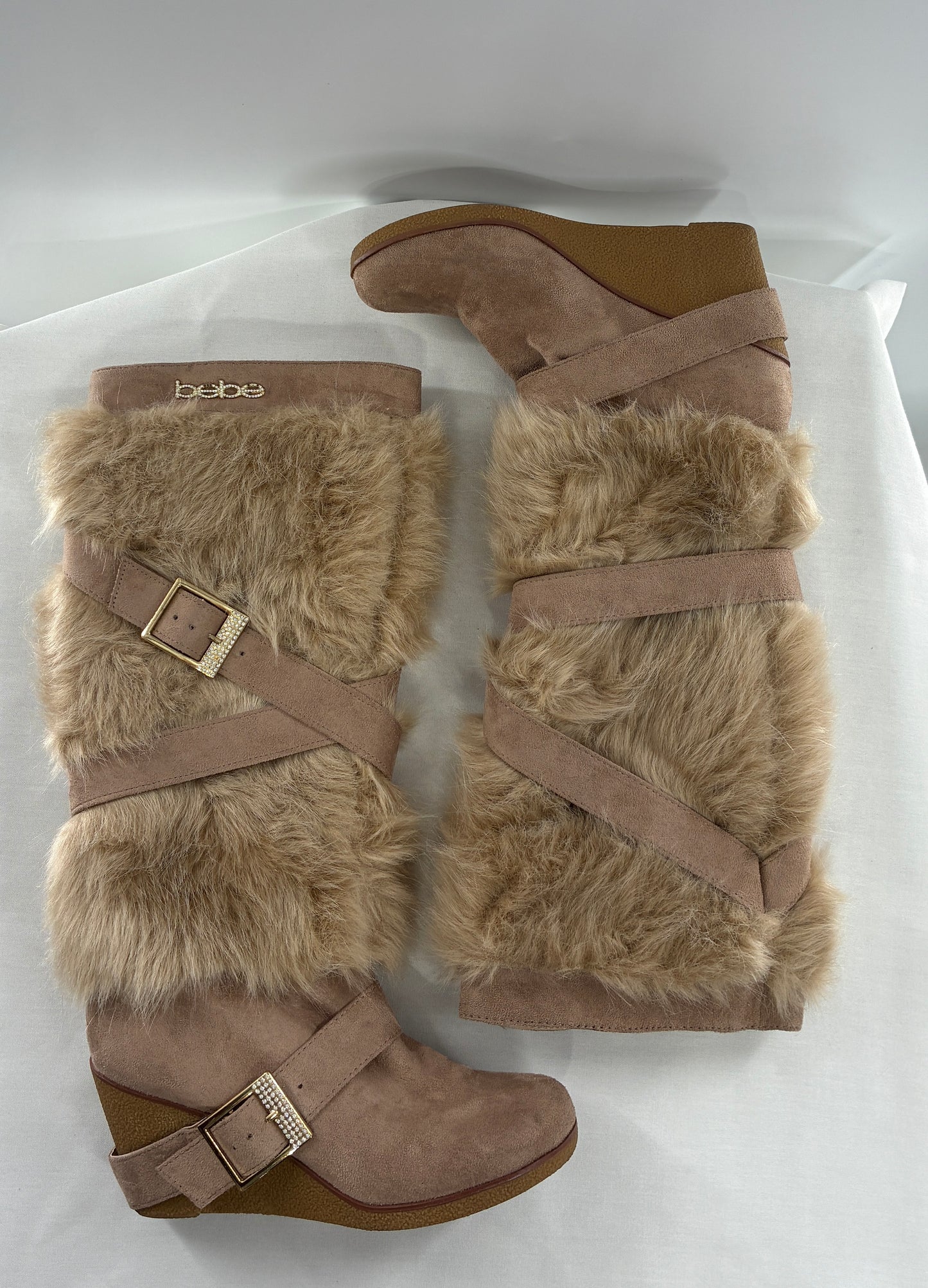 Vintage BEBE Wedge Heel Knee High Vegan Fur, Strappy Boots (6)