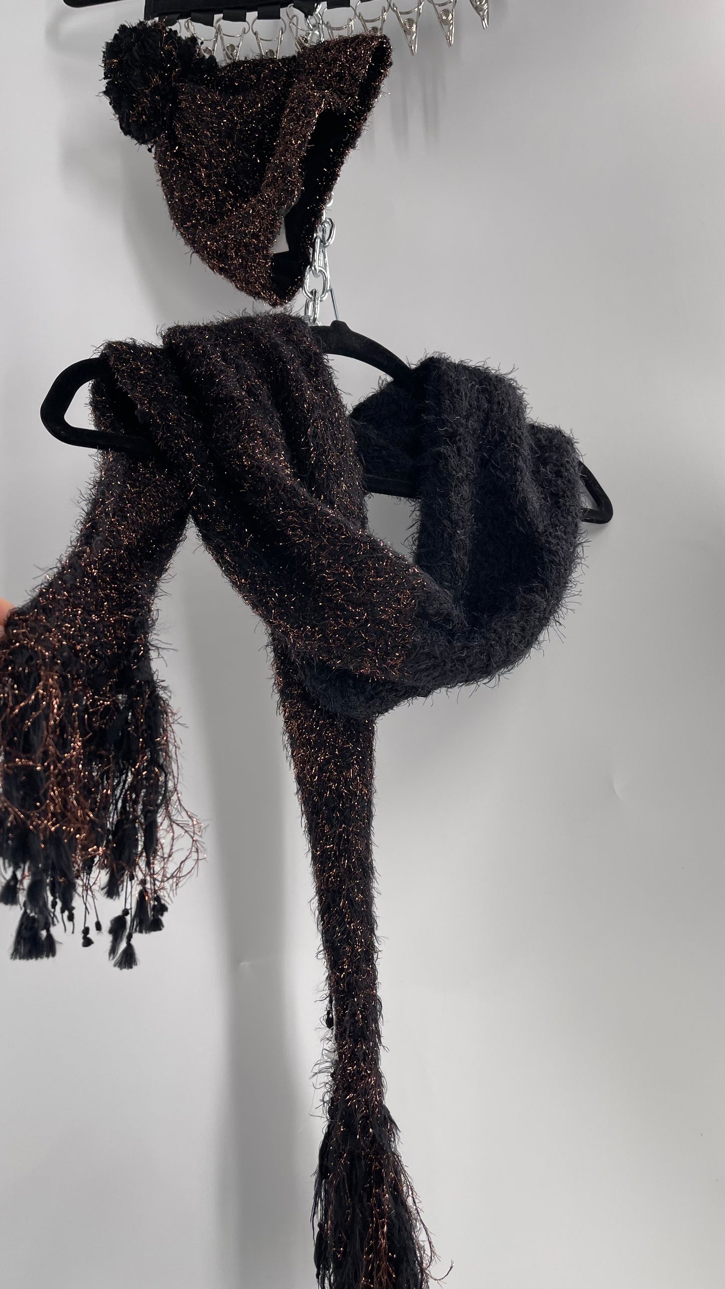 Anthropologie Bronze Tinsel Black Knit Beanie and Skinny Pom Scarf 2pc Set with Tags Attached