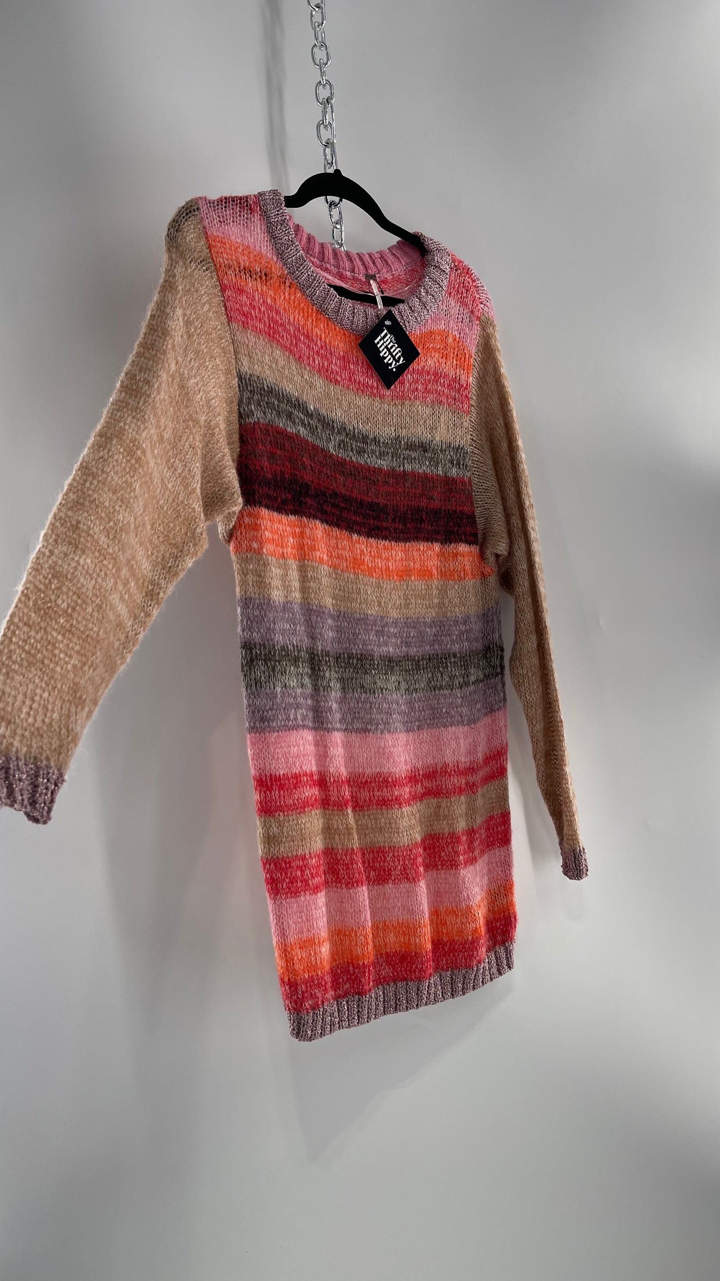 Free People Striped Sweater with Glitter Knit Cuffs and Collar (XS)