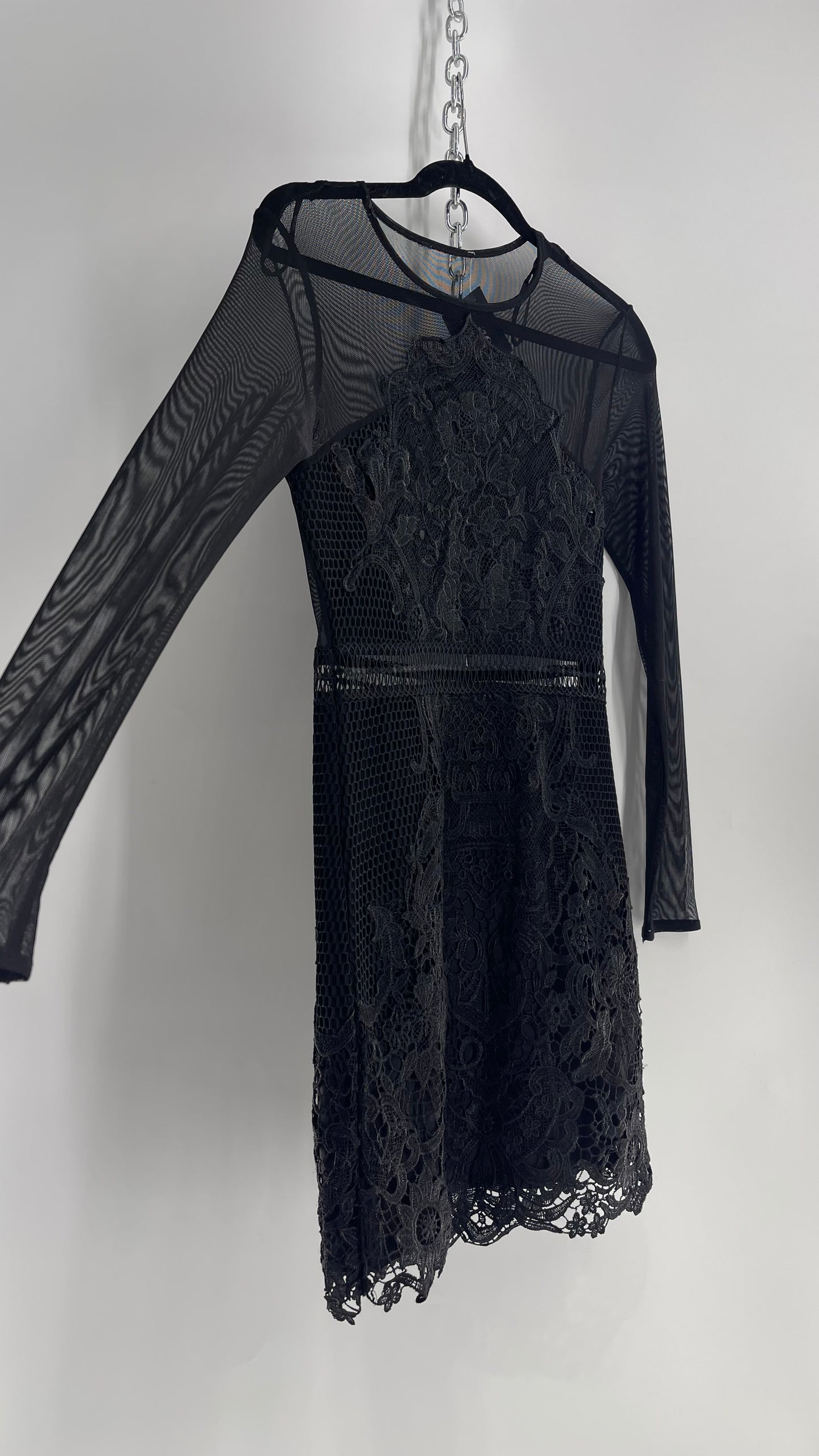 Mesh + Thick Lace Appliqué Mini Dress with Sheer Open Back (Small)