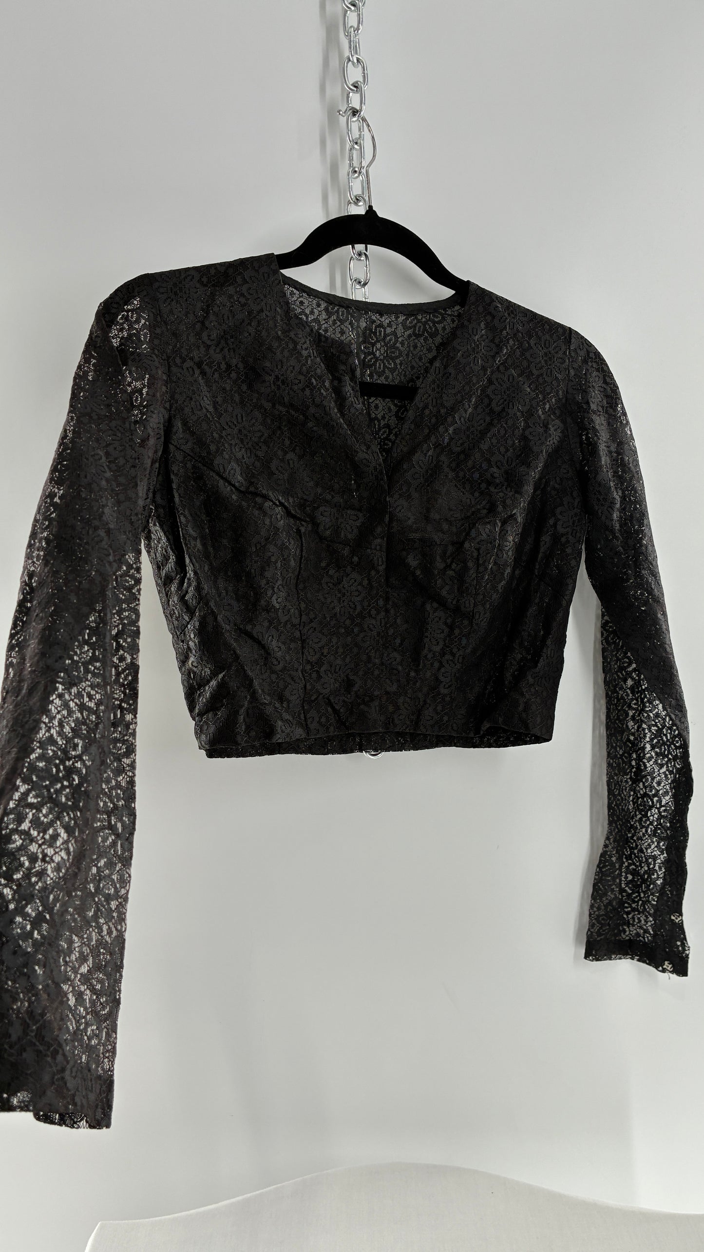 Vintage 1950s Ladies Own Black Lace Cropped Long Sleeve with Bust Stitching (Small)