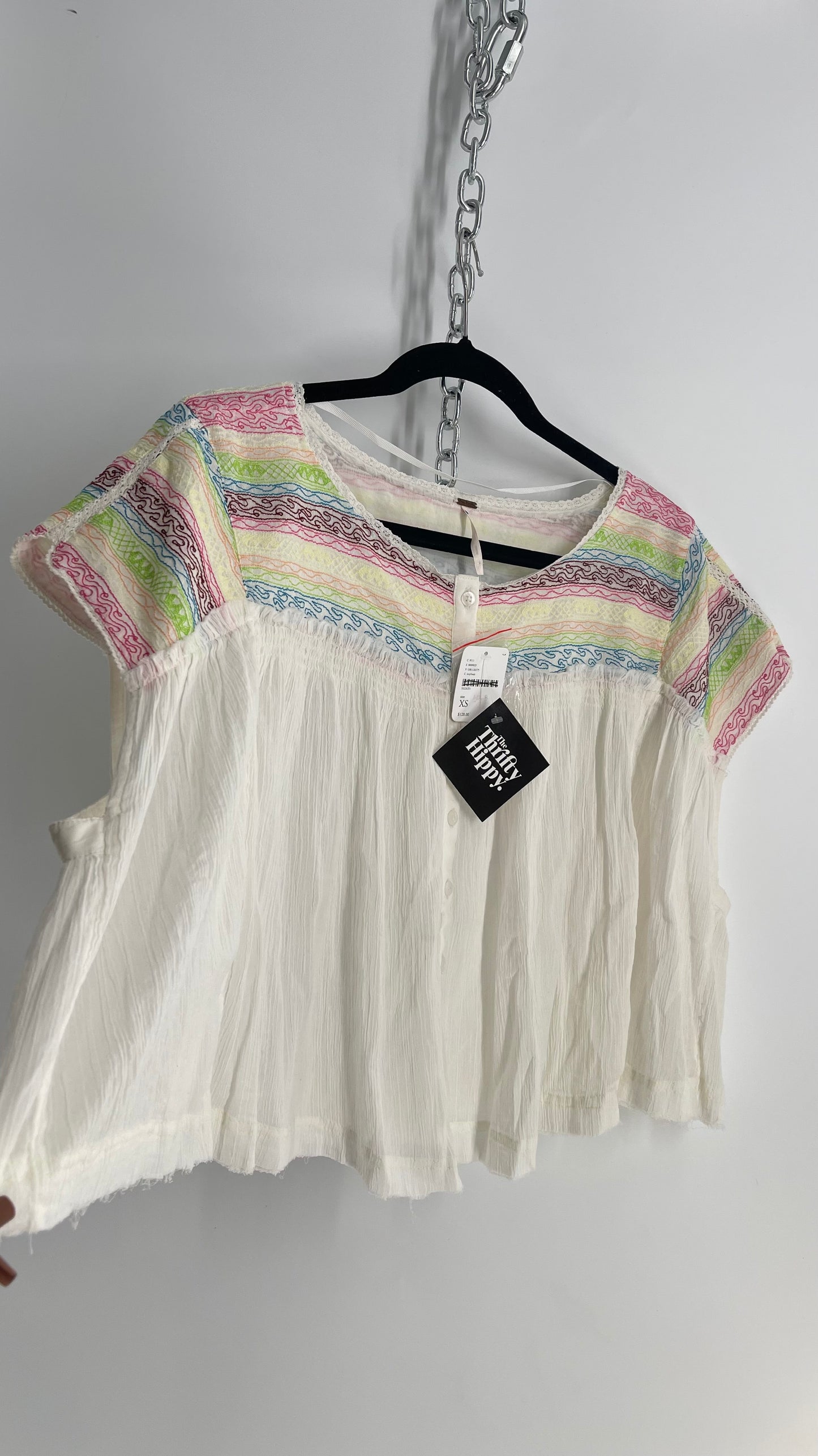 Free People Crimped White Colorful Embroidery with Tags Attached (XS)