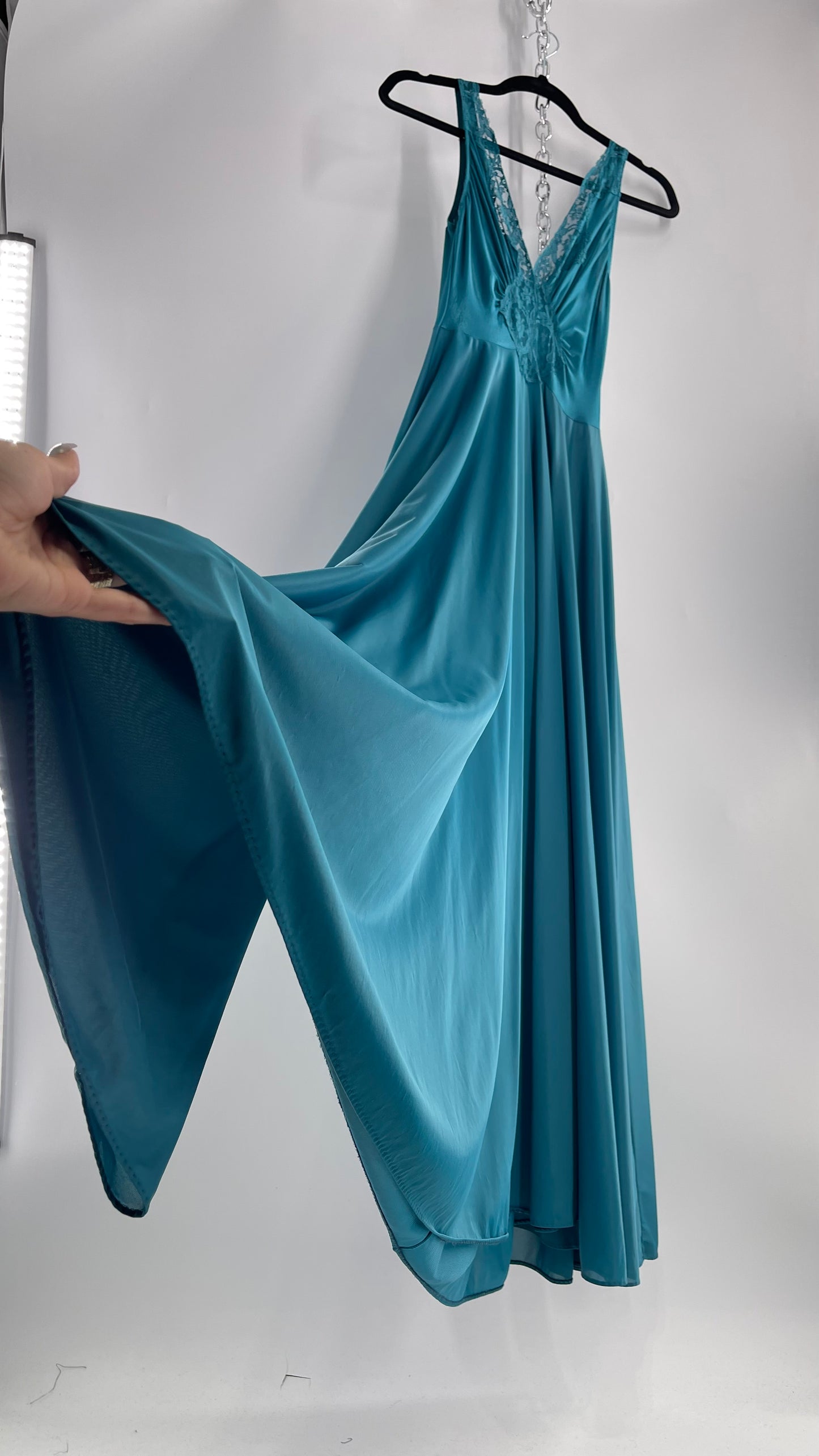 Vintage Olga Intimates Floor Length Voluminous Blue Jewel Toned Maxi Dress/Night Gown with Lace Bust (Small)
