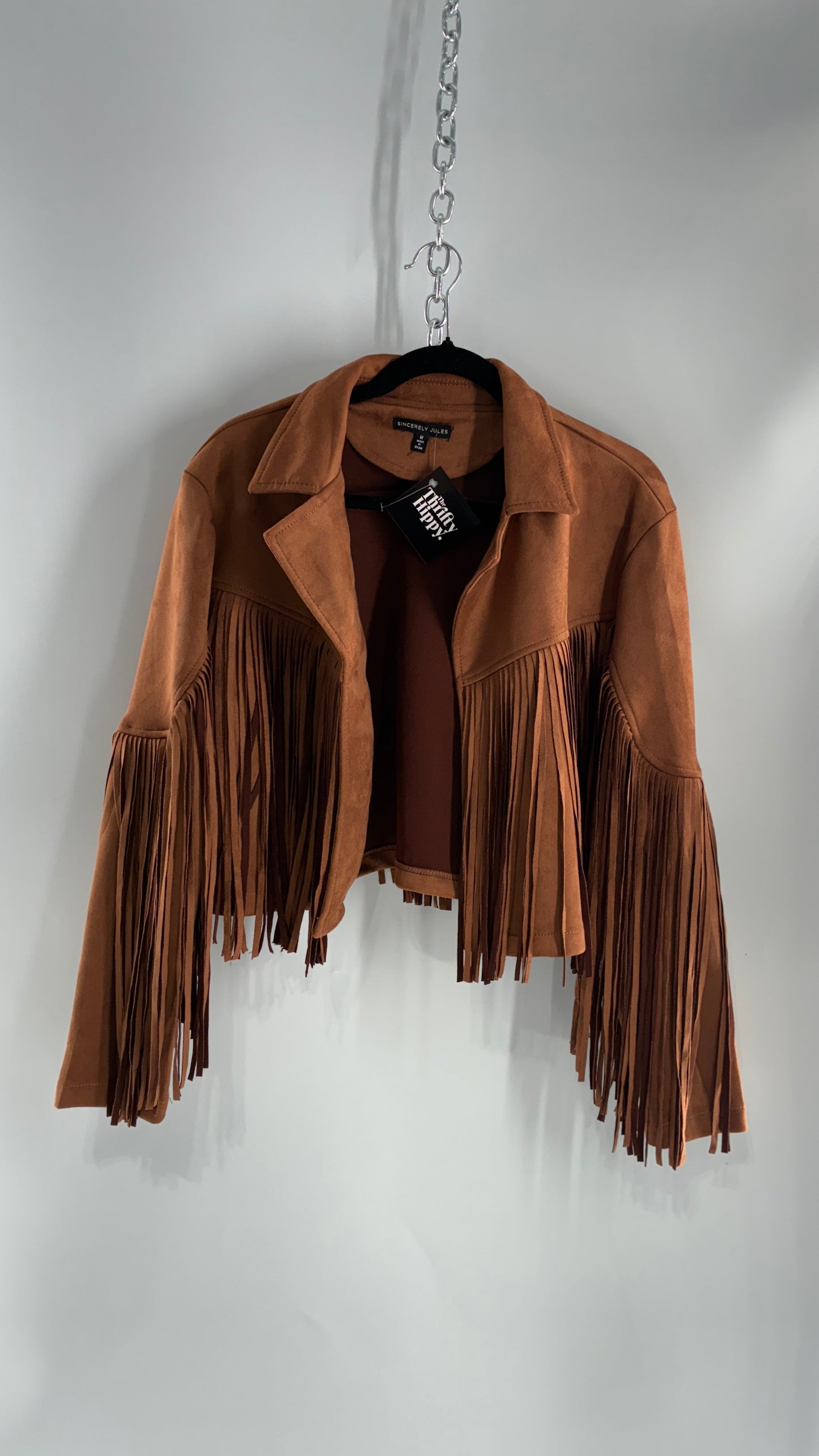 SINCERELY JULES Brown Vegan Suede Cropped Fringe Jacket (Medium)
