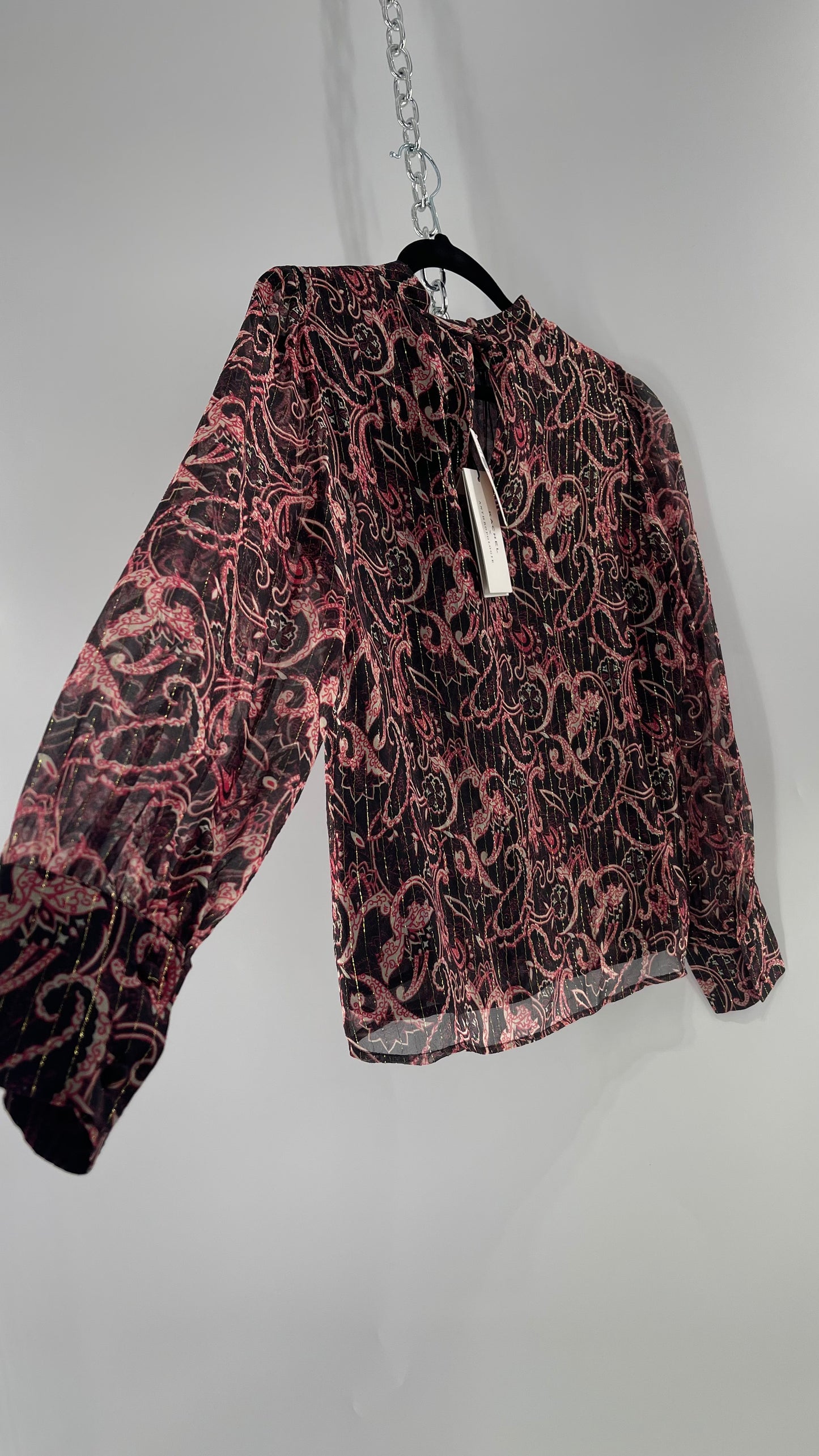 Kachel 95% Silk Black Paisley Blouse with Gold Tinsel Bessie Anthropologie (6)