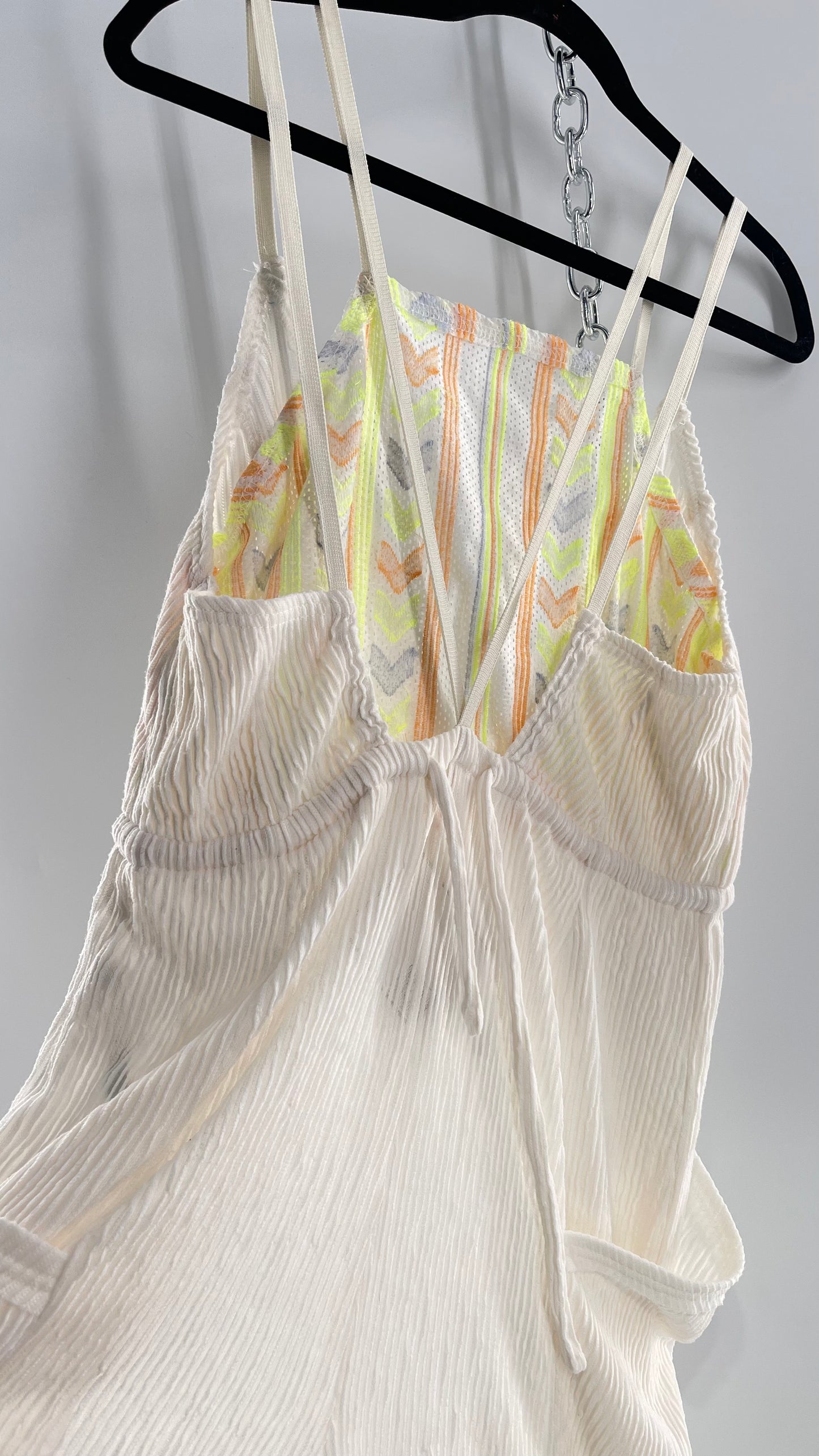 Free People Movement Cream Ribbed Jumpsuit with Yellow/Orange Embroidered Details and Waist Cinching Drawstring (Small)