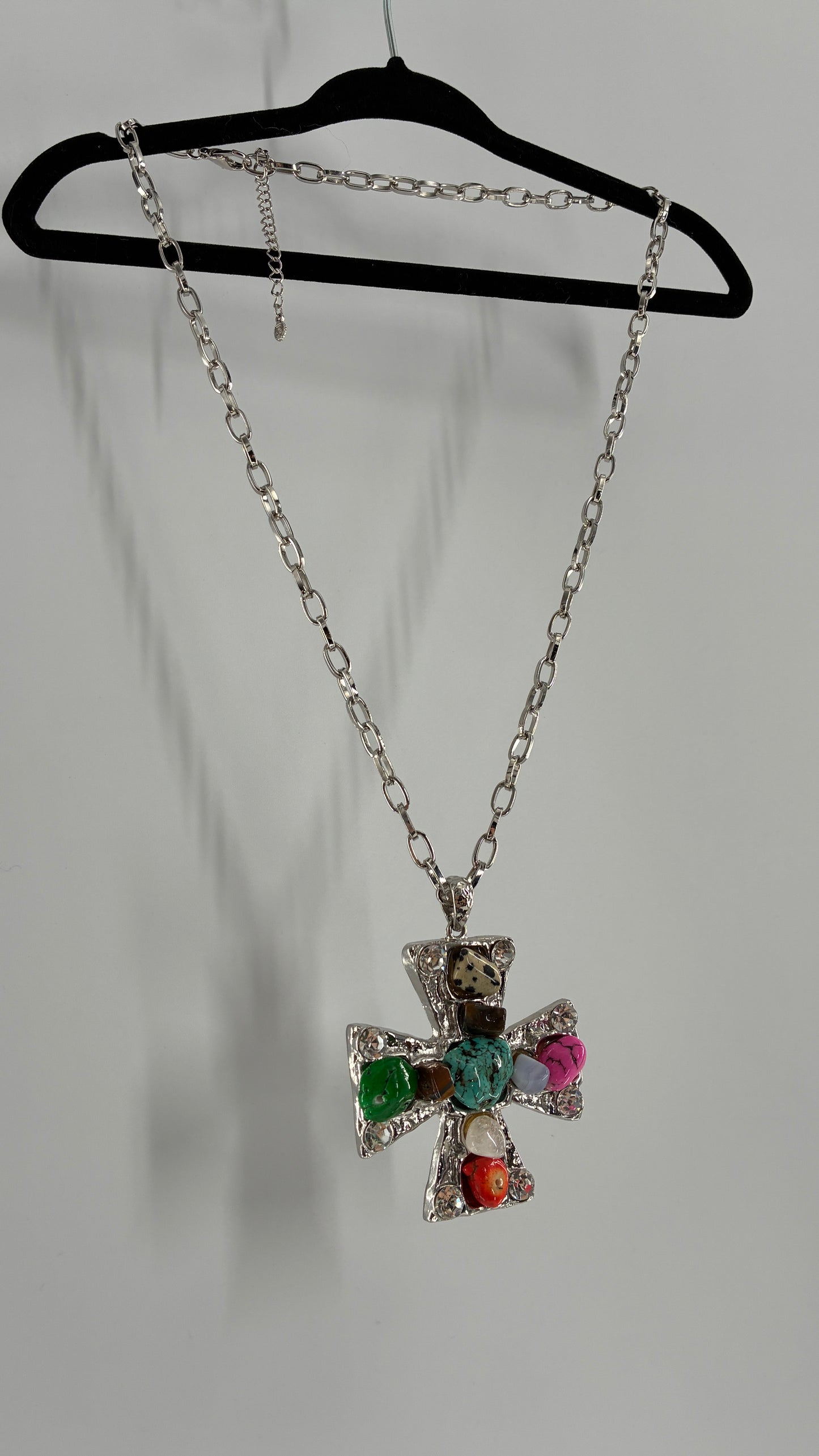 Vintage Silver Heavy Chain Necklace with Hammered Cross Covered in Stones and Rhinestones