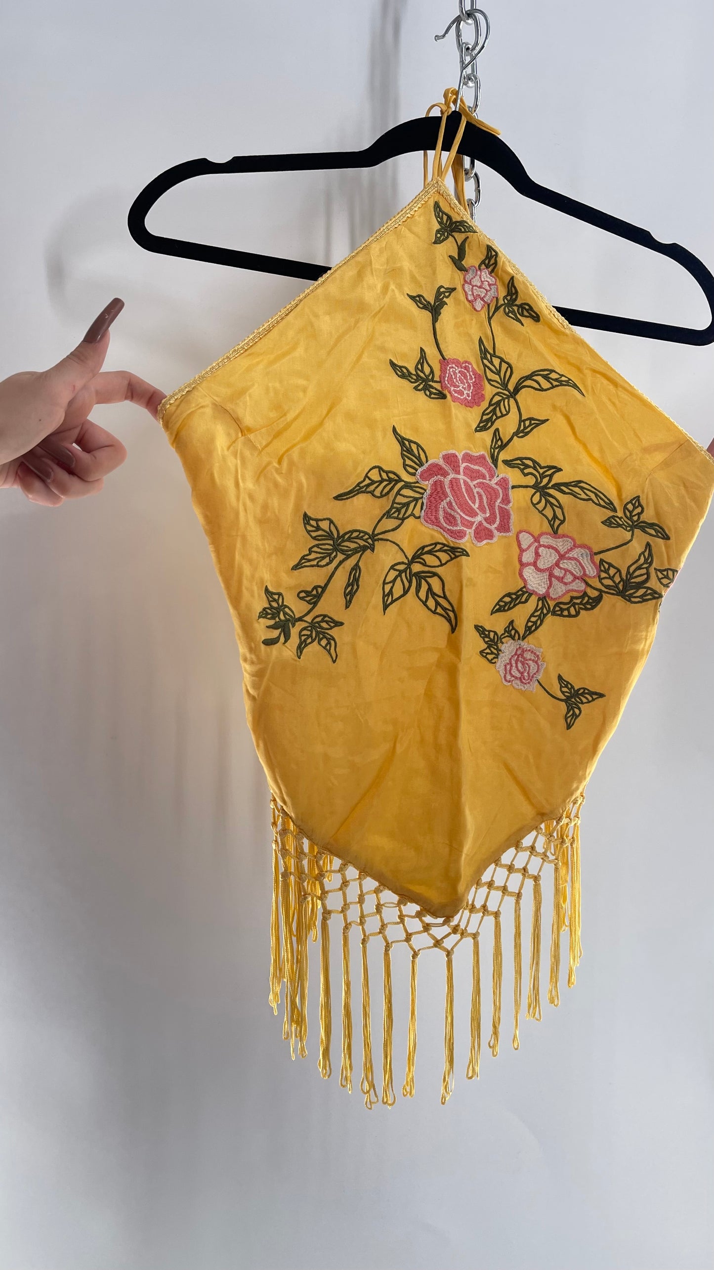 Urban Outfitters Yellow Halter with Embroidered Roses and Fringe Hemline (Medium)