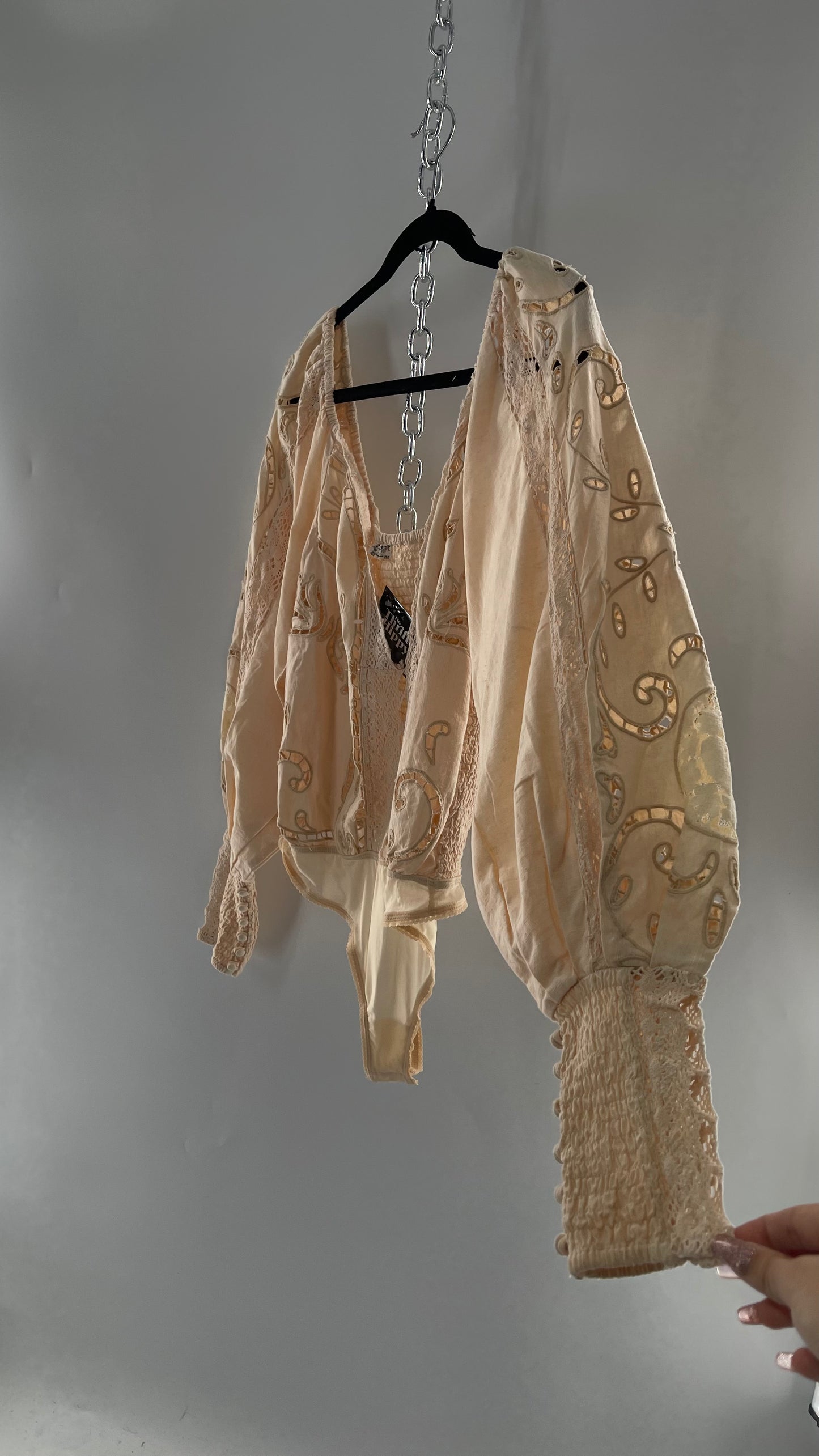 Free People Off White Cotton Bodysuit with Embroidered Lace Balloon Bishop Sleeve and Smocked, Buttoned Cuffs (Large)