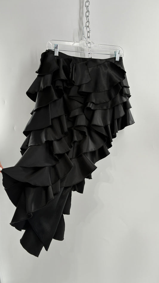 Deadstock Rare 1990s Vintage FRILLY LILLY Black Ruffled Asymmetric Skirt (8)