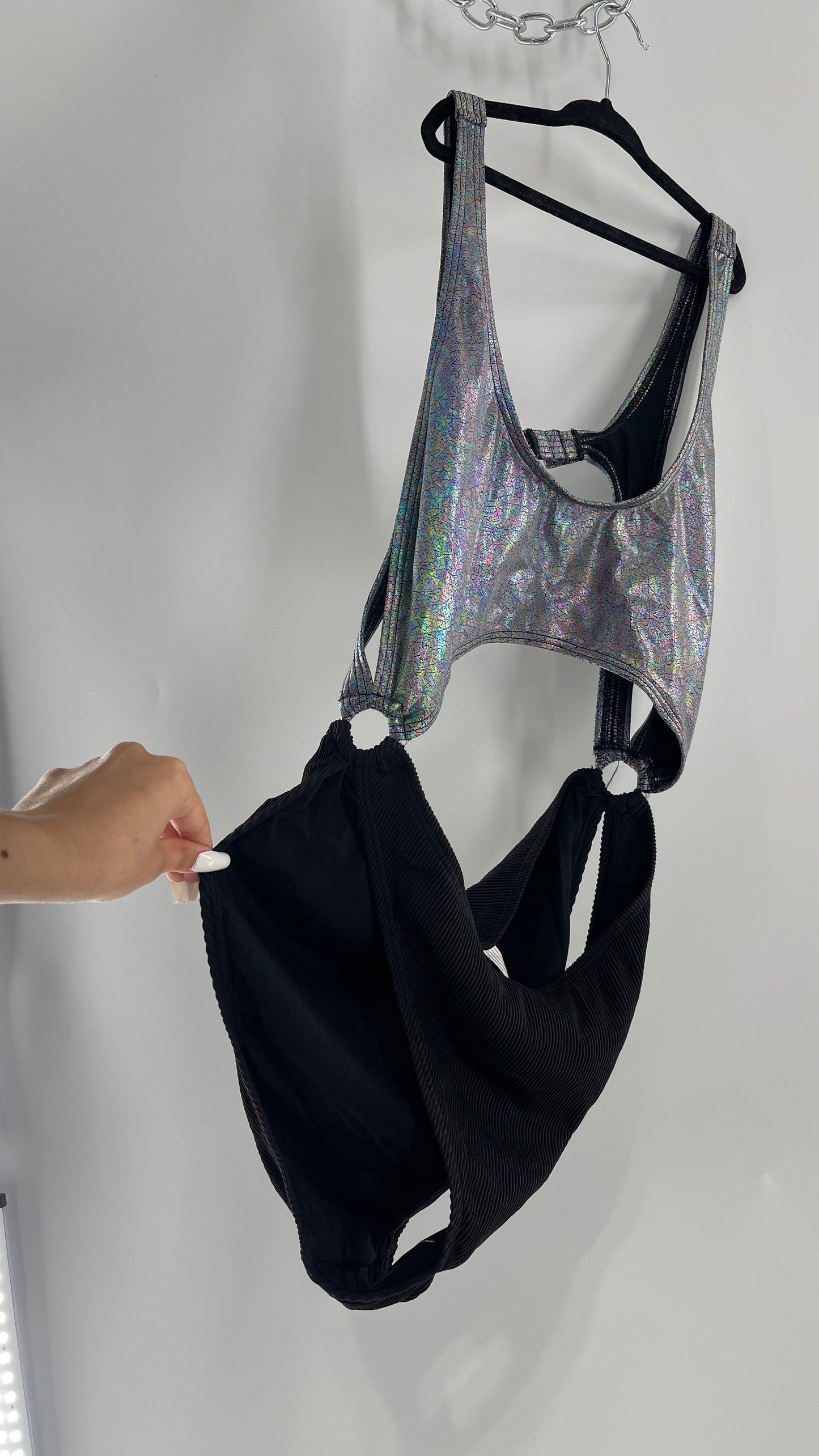 Urban Outfitters Out From Under Bathing Suit Metallic Gas Spill Top and Ribbed Black Bottom Connected by Rings (Large)