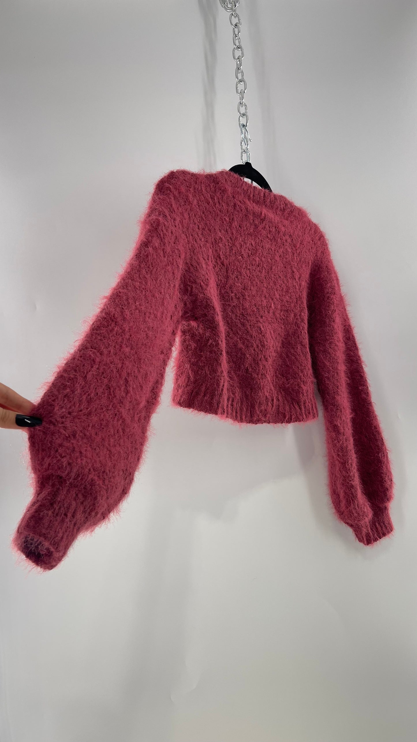Urban Outfitters Mauve Pink Fuzzy Cropped Sweater with Bubble Sleeves (XS)