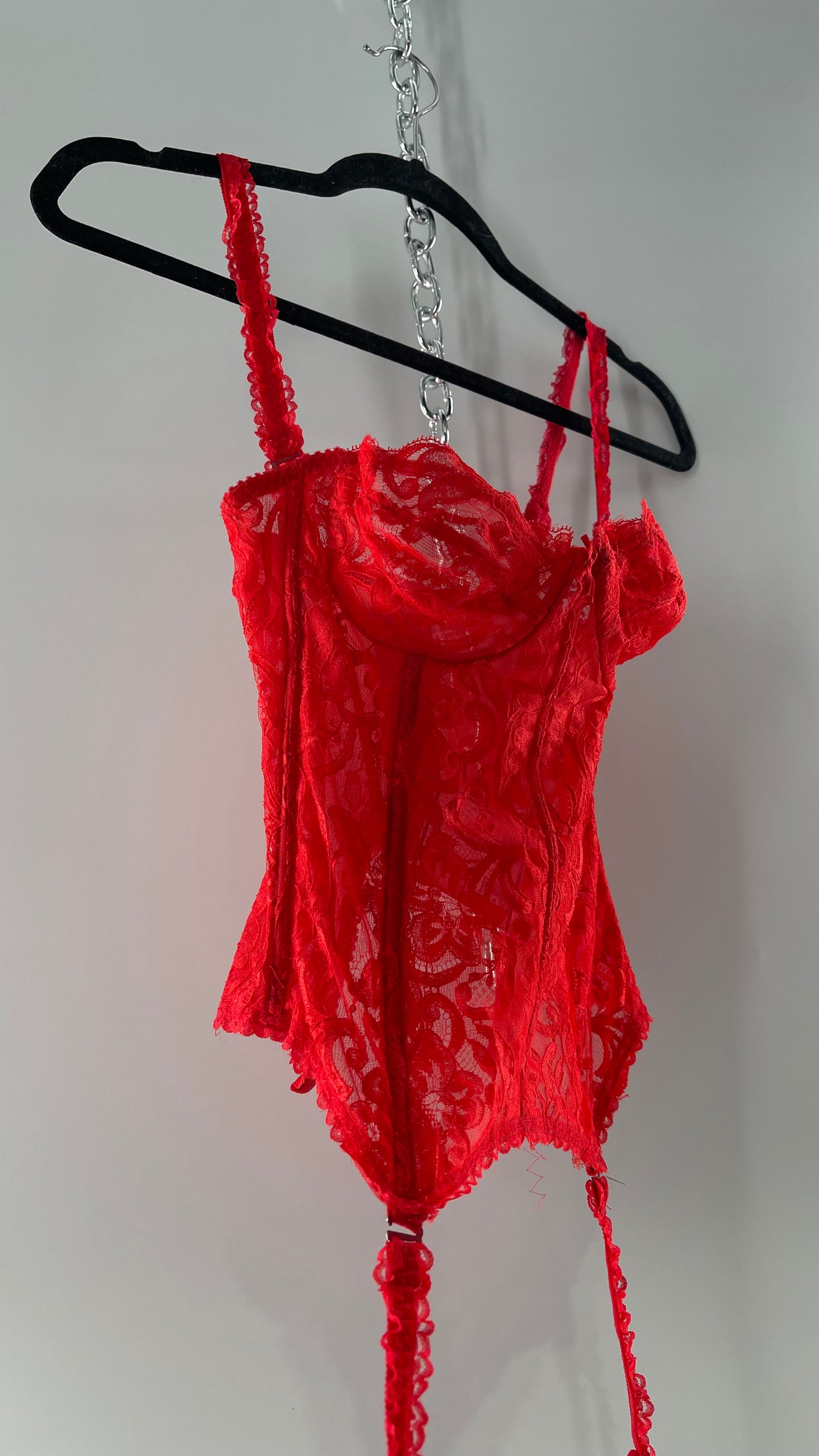 90s Vintage Red Lace Corset with Ruffled Sleeves and Removable Garter Straps (32B)