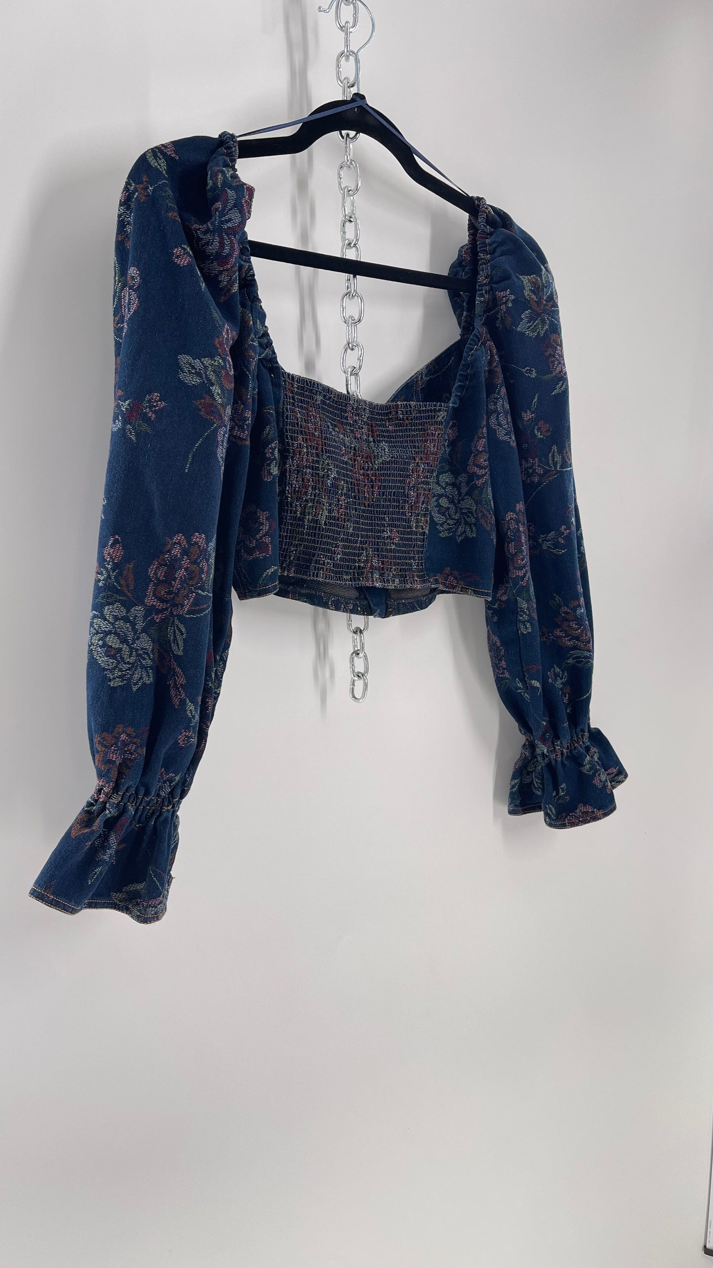 Urban Outfitters Denim Cropped Corset Grommet Balloon Sleeve Blouse (Large)