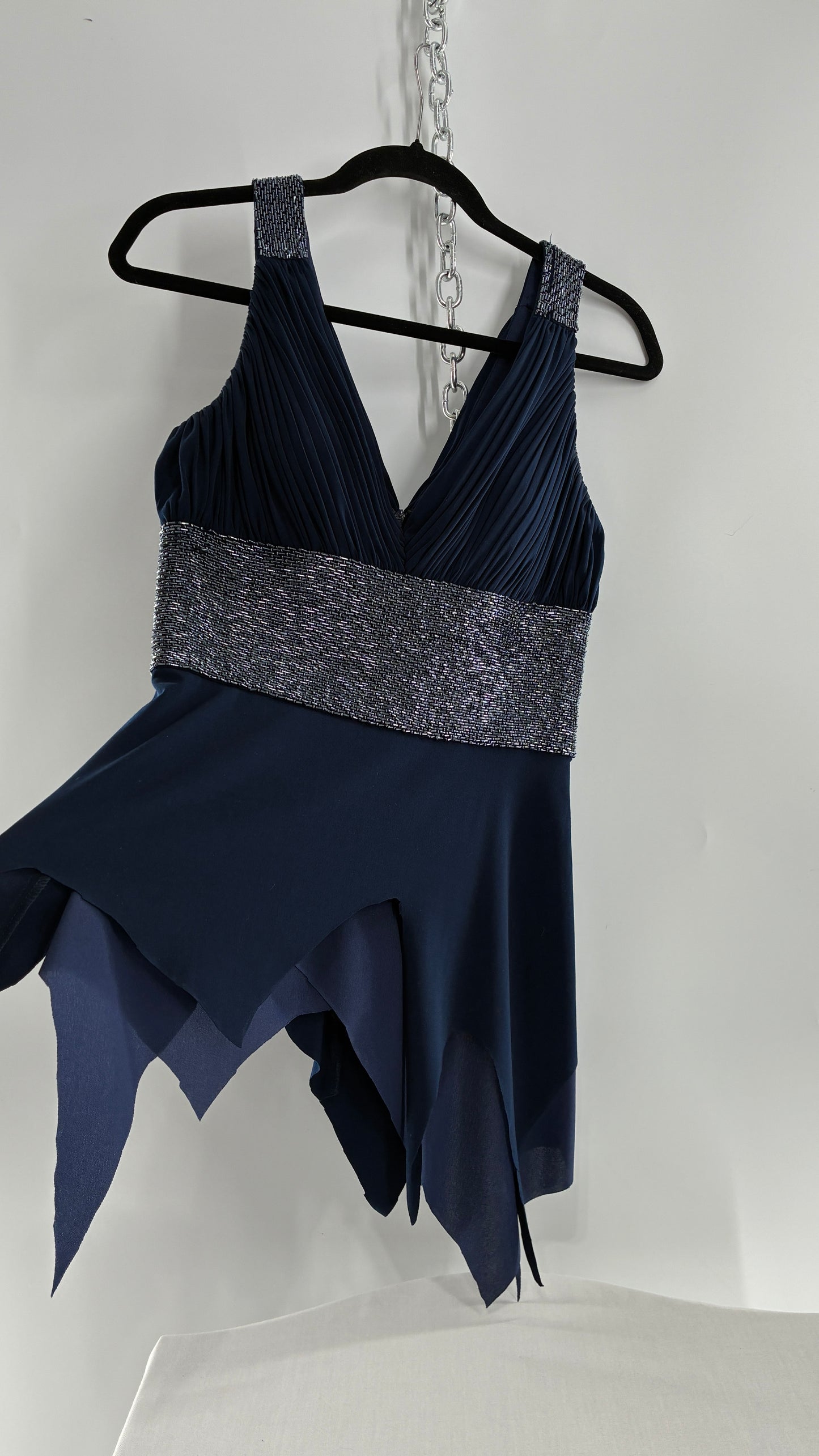 Vintage JS Boutique 1990s Navy Blue Chopped Handkerchief Hem, Beaded Underbust Panel and Pleated Bust (6)