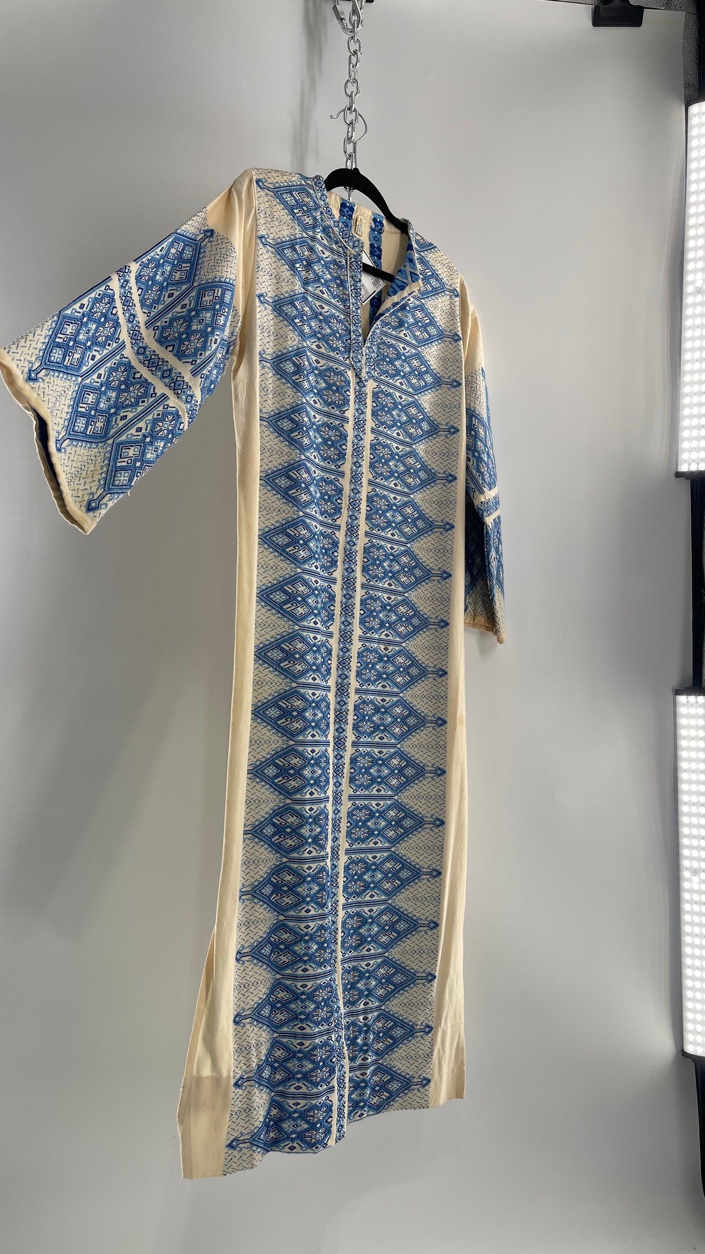 Vintage Pericles 1970s Wool Blend Off White Tunic Gown with Blue Needlepoint Embroidery