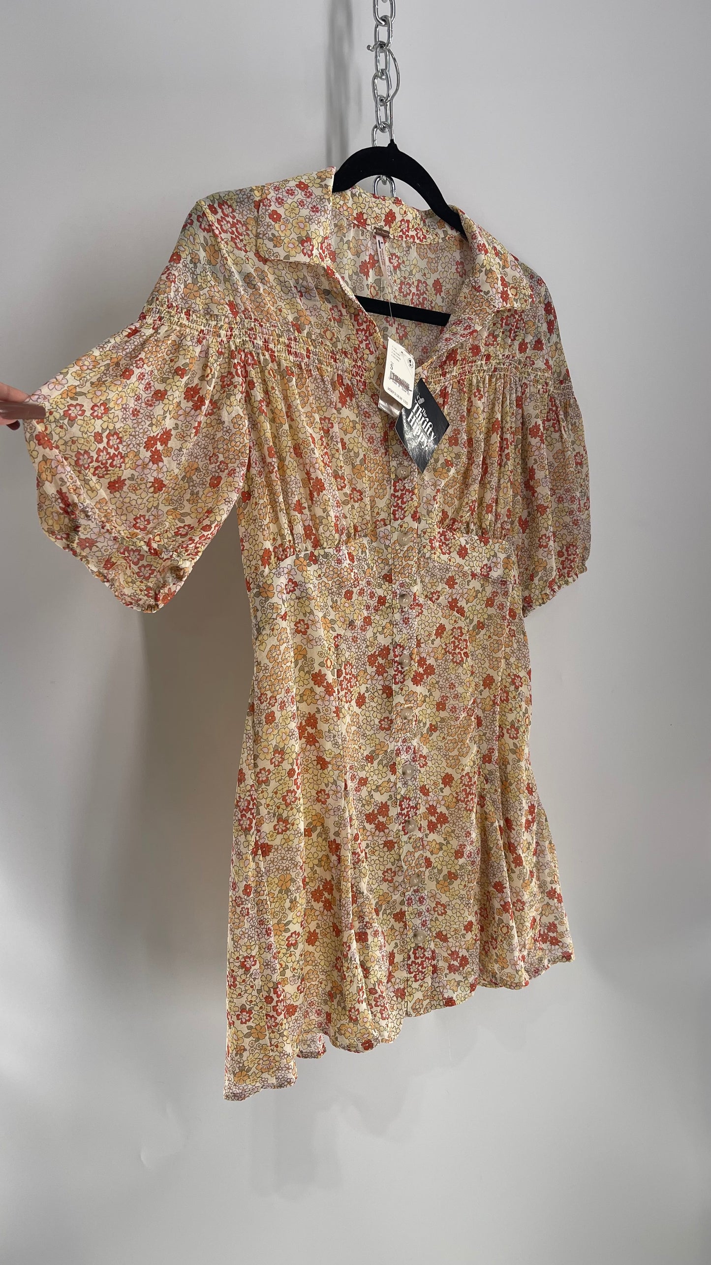 Free People Yellow Bonnie Floral Mini Dress (Small)